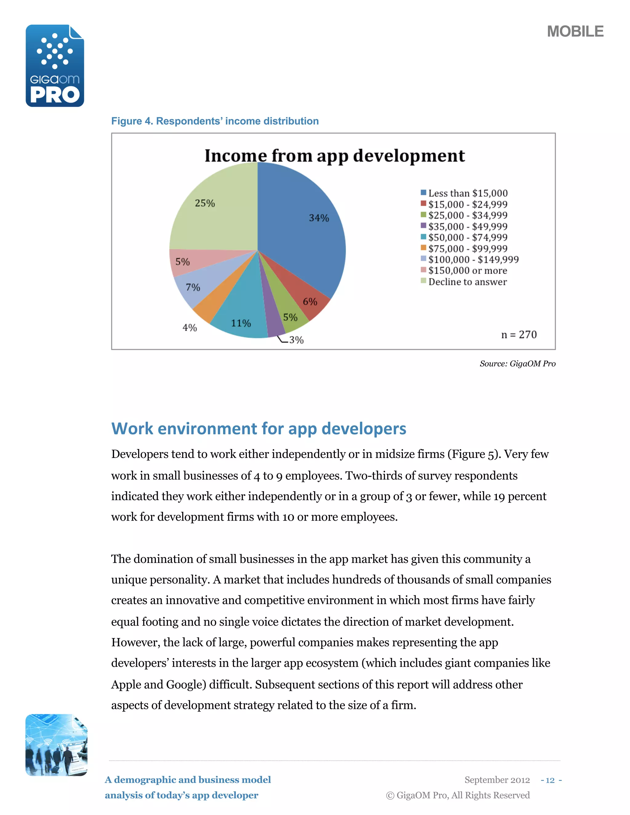 MOBILE




 Figure 4. Respondents’ income distribution




                                                                             Source: GigaOM Pro




 ;1,<(#/'7,1/*#/0(:1,(+55(2#'#915#,)
 Developers tend to work either independently or in midsize firms (Figure 5). Very few
 work in small businesses of 4 to 9 employees. Two-thirds of survey respondents
 indicated they work either independently or in a group of 3 or fewer, while 19 percent
 work for development firms with 10 or more employees.


 The domination of small businesses in the app market has given this community a
 unique personality. A market that includes hundreds of thousands of small companies
 creates an innovative and competitive environment in which most firms have fairly
 equal footing and no single voice dictates the direction of market development.
 However, the lack of large, powerful companies makes representing the app
 developers’ interests in the larger app ecosystem (which includes giant companies like
 Apple and Google) difficult. Subsequent sections of this report will address other
 aspects of development strategy related to the size of a firm.




A demographic and business model                                          September 2012    - 12 -
analysis of today’s app developer                       © GigaOM Pro, All Rights Reserved
 