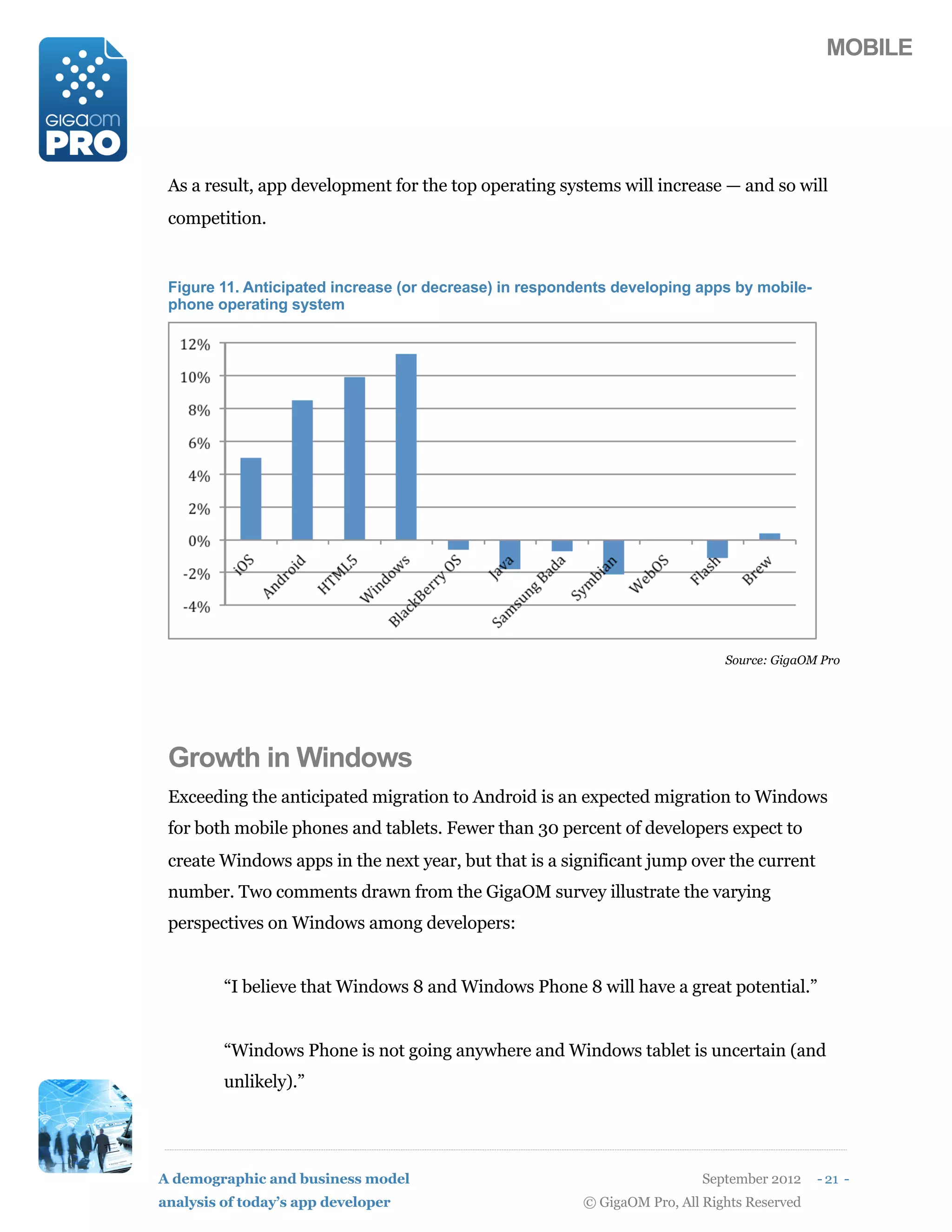 MOBILE




 As a result, app development for the top operating systems will increase — and so will
 competition.


 Figure 11. Anticipated increase (or decrease) in respondents developing apps by mobile-
 phone operating system




                                                                              Source: GigaOM Pro




 Growth in Windows
 Exceeding the anticipated migration to Android is an expected migration to Windows
 for both mobile phones and tablets. Fewer than 30 percent of developers expect to
 create Windows apps in the next year, but that is a significant jump over the current
 number. Two comments drawn from the GigaOM survey illustrate the varying
 perspectives on Windows among developers:


         “I believe that Windows 8 and Windows Phone 8 will have a great potential.”


         “Windows Phone is not going anywhere and Windows tablet is uncertain (and
         unlikely).”




A demographic and business model                                           September 2012    - 21 -
analysis of today’s app developer                        © GigaOM Pro, All Rights Reserved
 