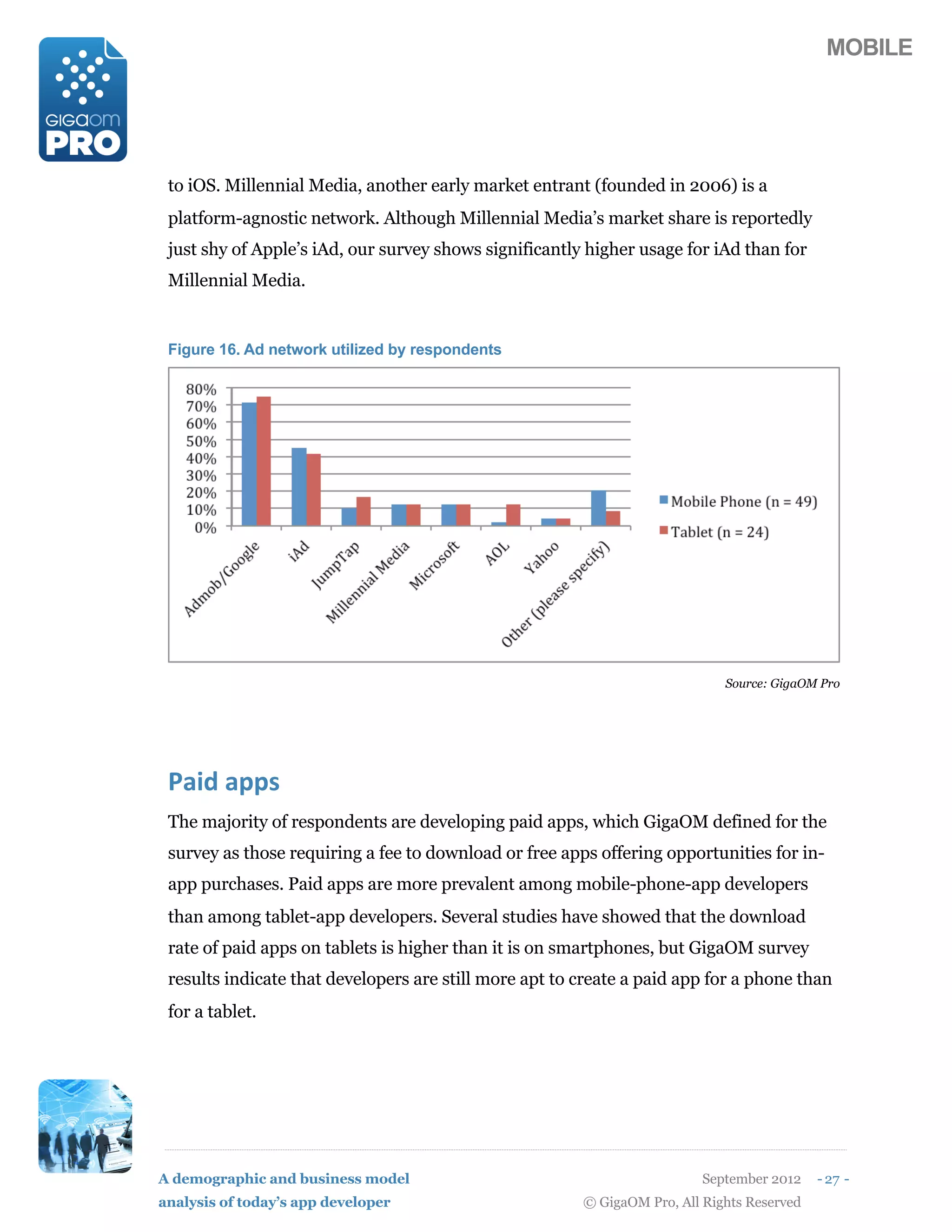 MOBILE




 to iOS. Millennial Media, another early market entrant (founded in 2006) is a
 platform-agnostic network. Although Millennial Media’s market share is reportedly
 just shy of Apple’s iAd, our survey shows significantly higher usage for iAd than for
 Millennial Media.


 Figure 16. Ad network utilized by respondents




                                                                             Source: GigaOM Pro




 @+72(+55)
 The majority of respondents are developing paid apps, which GigaOM defined for the
 survey as those requiring a fee to download or free apps offering opportunities for in-
 app purchases. Paid apps are more prevalent among mobile-phone-app developers
 than among tablet-app developers. Several studies have showed that the download
 rate of paid apps on tablets is higher than it is on smartphones, but GigaOM survey
 results indicate that developers are still more apt to create a paid app for a phone than
 for a tablet.




A demographic and business model                                          September 2012    - 27 -
analysis of today’s app developer                       © GigaOM Pro, All Rights Reserved
 