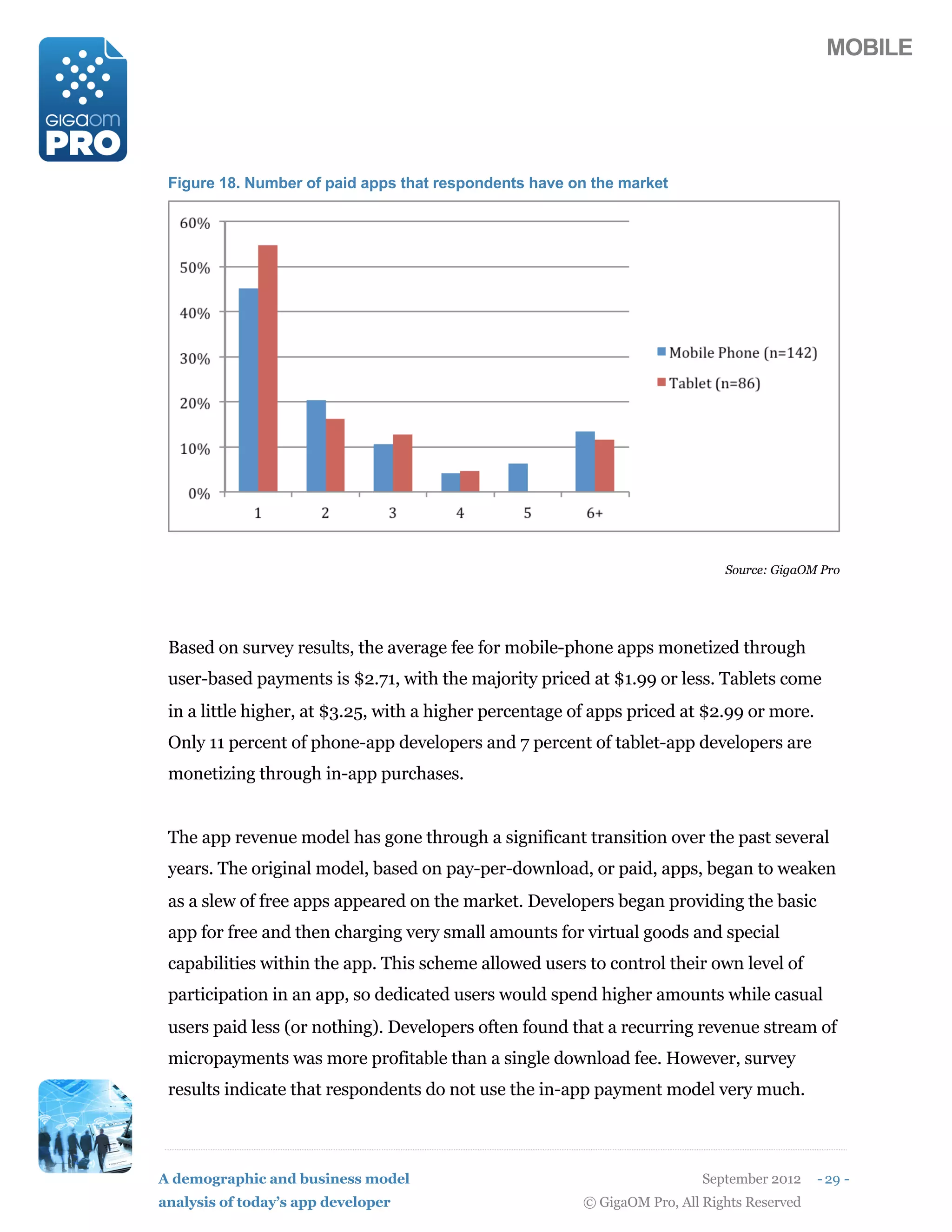 MOBILE




 Figure 18. Number of paid apps that respondents have on the market




                                                                             Source: GigaOM Pro




 Based on survey results, the average fee for mobile-phone apps monetized through
 user-based payments is $2.71, with the majority priced at $1.99 or less. Tablets come
 in a little higher, at $3.25, with a higher percentage of apps priced at $2.99 or more.
 Only 11 percent of phone-app developers and 7 percent of tablet-app developers are
 monetizing through in-app purchases.


 The app revenue model has gone through a significant transition over the past several
 years. The original model, based on pay-per-download, or paid, apps, began to weaken
 as a slew of free apps appeared on the market. Developers began providing the basic
 app for free and then charging very small amounts for virtual goods and special
 capabilities within the app. This scheme allowed users to control their own level of
 participation in an app, so dedicated users would spend higher amounts while casual
 users paid less (or nothing). Developers often found that a recurring revenue stream of
 micropayments was more profitable than a single download fee. However, survey
 results indicate that respondents do not use the in-app payment model very much.



A demographic and business model                                          September 2012    - 29 -
analysis of today’s app developer                       © GigaOM Pro, All Rights Reserved
 