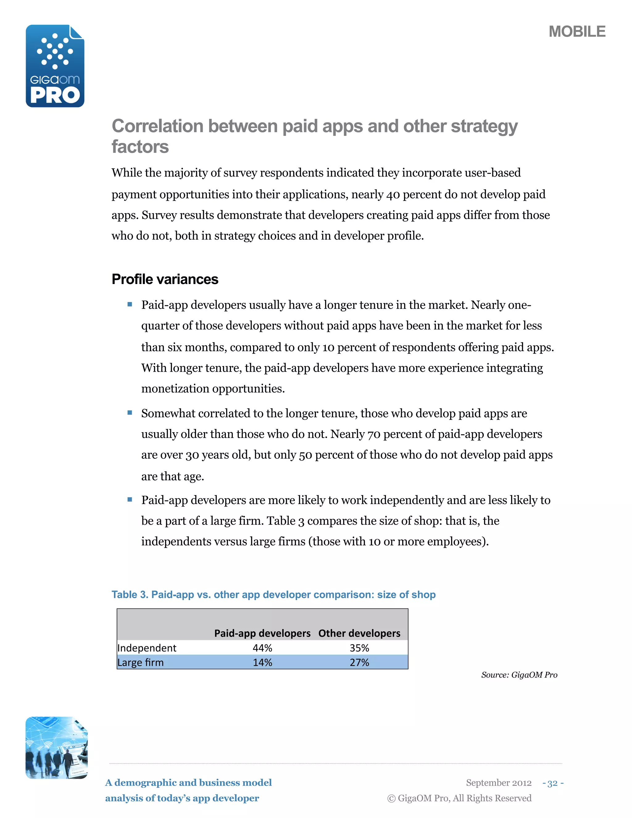 MOBILE




 Correlation between paid apps and other strategy
 factors
 While the majority of survey respondents indicated they incorporate user-based
 payment opportunities into their applications, nearly 40 percent do not develop paid
 apps. Survey results demonstrate that developers creating paid apps differ from those
 who do not, both in strategy choices and in developer profile.


 Profile variances
    ! Paid-app developers usually have a longer tenure in the market. Nearly one-
       quarter of those developers without paid apps have been in the market for less
       than six months, compared to only 10 percent of respondents offering paid apps.
       With longer tenure, the paid-app developers have more experience integrating
       monetization opportunities.

    ! Somewhat correlated to the longer tenure, those who develop paid apps are
       usually older than those who do not. Nearly 70 percent of paid-app developers
       are over 30 years old, but only 50 percent of those who do not develop paid apps
       are that age.

    ! Paid-app developers are more likely to work independently and are less likely to
       be a part of a large firm. Table 3 compares the size of shop: that is, the
       independents versus large firms (those with 10 or more employees).



 Table 3. Paid-app vs. other app developer comparison: size of shop


  '                    @+72F+55(2#'#915#,) G06#,(2#'#915#,)
  <-=%+%-=%-&                 ::>                ?;>
  @"7A%'B7,                   1:>                42>
                                                                              Source: GigaOM Pro




A demographic and business model                                           September 2012    - 32 -
analysis of today’s app developer                        © GigaOM Pro, All Rights Reserved
 