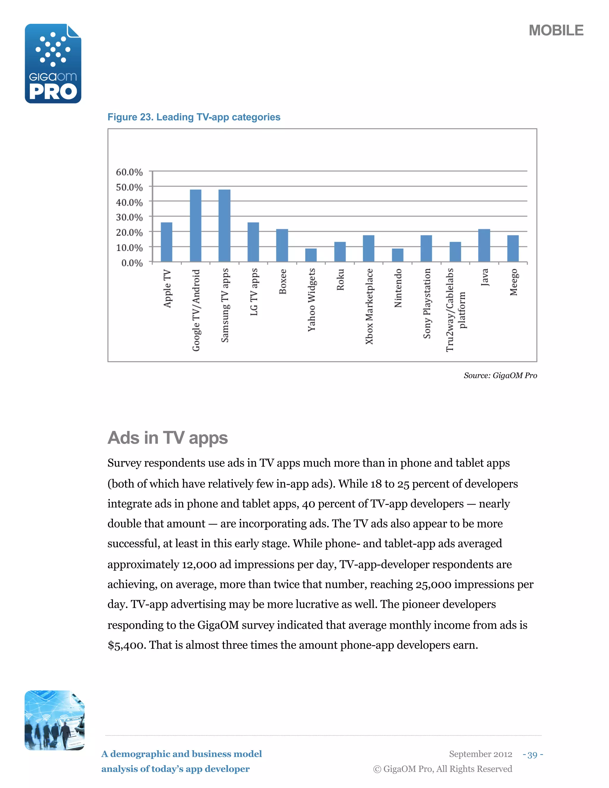 MOBILE




 Figure 23. Leading TV-app categories




                                                                             Source: GigaOM Pro




 Ads in TV apps
 Survey respondents use ads in TV apps much more than in phone and tablet apps
 (both of which have relatively few in-app ads). While 18 to 25 percent of developers
 integrate ads in phone and tablet apps, 40 percent of TV-app developers — nearly
 double that amount — are incorporating ads. The TV ads also appear to be more
 successful, at least in this early stage. While phone- and tablet-app ads averaged
 approximately 12,000 ad impressions per day, TV-app-developer respondents are
 achieving, on average, more than twice that number, reaching 25,000 impressions per
 day. TV-app advertising may be more lucrative as well. The pioneer developers
 responding to the GigaOM survey indicated that average monthly income from ads is
 $5,400. That is almost three times the amount phone-app developers earn.




A demographic and business model                                          September 2012    - 39 -
analysis of today’s app developer                       © GigaOM Pro, All Rights Reserved
 