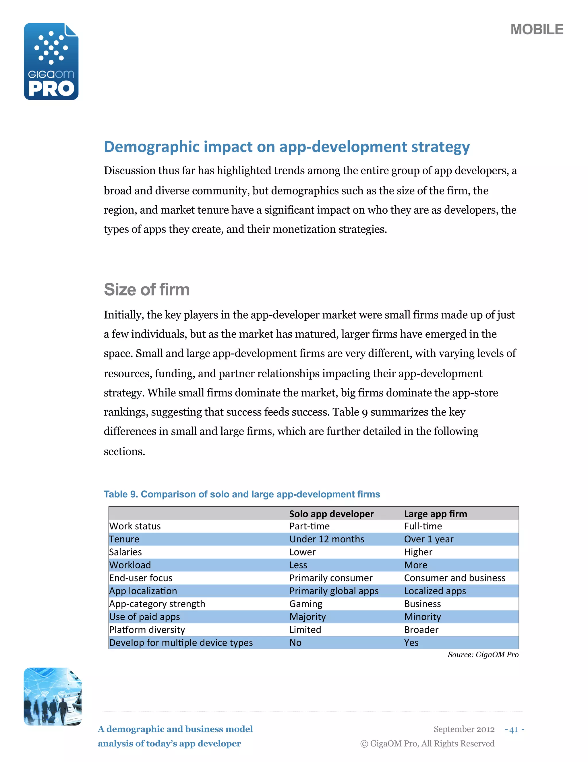 MOBILE




 3#*14,+567$(7*5+$0(1/(+55F2#'#915*#/0()0,+0#4-
 Discussion thus far has highlighted trends among the entire group of app developers, a
 broad and diverse community, but demographics such as the size of the firm, the
 region, and market tenure have a significant impact on who they are as developers, the
 types of apps they create, and their monetization strategies.




 Size of firm
 Initially, the key players in the app-developer market were small firms made up of just
 a few individuals, but as the market has matured, larger firms have emerged in the
 space. Small and large app-development firms are very different, with varying levels of
 resources, funding, and partner relationships impacting their app-development
 strategy. While small firms dominate the market, big firms dominate the app-store
 rankings, suggesting that success feeds success. Table 9 summarizes the key
 differences in small and large firms, which are further detailed in the following
 sections.


 Table 9. Comparison of solo and large app-development firms

  '                                      J191(+55(2#'#915#,        C+,4#(+55(8,*
  T87H'(&"&J(                            U"7&NM,%                  VJ$$NM,%
  !%-J7%                                 W-=%7'14',8-&)(           CX%7'1'I%"7
  6"$"7*%(                               @8K%7                     P*A)%7
  T87H$8"=                               @%((                      /87%
  Y-=NJ(%7'Q8GJ(                         U7*,"7*$I'G8-(J,%7        Z8-(J,%7'"-='#J(*-%((
  E++'$8G"$*["M8-                        U7*,"7*$I'A$8#"$'"++(     @8G"$*[%='"++(
  E++NG"&%A87I'(&7%-A&)                  O",*-A                    FJ(*-%((
  W(%'8Q'+"*='"++(                       /"87*&I                  /*-87*&I
  U$"]87,'=*X%7(*&I                      @*,*&%=                   F78"=%7
  ^%X%$8+'Q87',J$M+$%'=%X*G%'&I+%(       L8                        _%(
                                                                              Source: GigaOM Pro




A demographic and business model                                           September 2012    - 41 -
analysis of today’s app developer                        © GigaOM Pro, All Rights Reserved
 