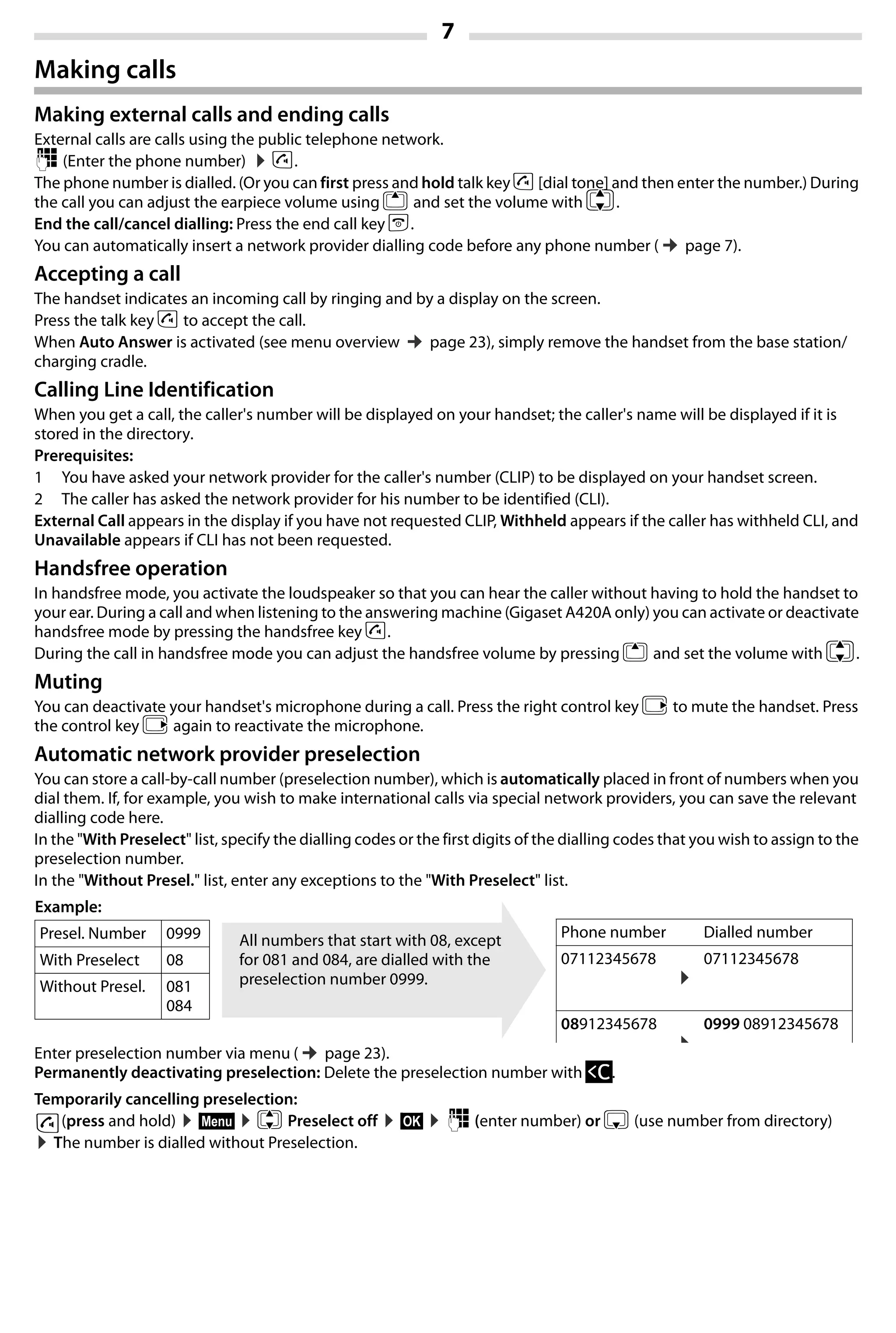 7
Gigaset A420-A420A / Großbritannien / A31008-M2402-L101-1-7619 / Bali.fm / 04.08.2014TemplateBali,Version1,16.02.2012
Making calls
Making external calls and ending calls
External calls are calls using the public telephone network.
~ (Enter the phone number) ¤c.
The phone number is dialled. (Or you can first press and hold talk key c[dial tone] and then enter the number.) During
the call you can adjust the earpiece volume using t and set the volume with q.
End the call/cancel dialling: Press the end call key a.
You can automatically insert a network provider dialling code before any phone number (¢page 7).
Accepting a call
The handset indicates an incoming call by ringing and by a display on the screen.
Press the talk key c to accept the call.
When Auto Answer is activated (see menu overview ¢page 23), simply remove the handset from the base station/
charging cradle.
Calling Line Identification
When you get a call, the caller's number will be displayed on your handset; the caller's name will be displayed if it is
stored in the directory.
Prerequisites:
1 You have asked your network provider for the caller's number (CLIP) to be displayed on your handset screen.
2 The caller has asked the network provider for his number to be identified (CLI).
External Call appears in the display if you have not requested CLIP, Withheld appears if the caller has withheld CLI, and
Unavailable appears if CLI has not been requested.
Handsfree operation
In handsfree mode, you activate the loudspeaker so that you can hear the caller without having to hold the handset to
your ear. During a call and when listening to the answering machine (Gigaset A420A only) you can activate or deactivate
handsfree mode by pressing the handsfree key d.
During the call in handsfree mode you can adjust the handsfree volume by pressing t and set the volume with q.
Muting
You can deactivate your handset's microphone during a call. Press the right control key v to mute the handset. Press
the control key v again to reactivate the microphone.
Automatic network provider preselection
You can store a call-by-call number (preselection number), which is automatically placed in front of numbers when you
dial them. If, for example, you wish to make international calls via special network providers, you can save the relevant
dialling code here.
In the "With Preselect" list, specify the dialling codes or the first digits of the dialling codes that you wish to assign to the
preselection number.
In the "Without Presel." list, enter any exceptions to the "With Preselect" list.
Enter preselection number via menu (¢page 23).
Permanently deactivating preselection: Delete the preselection number with Ü.
Temporarily cancelling preselection:
(press and hold) ¤§Menu§ ¤q Preselect off ¤§OK§ ¤~ (enter number) or s (use number from directory)
¤The number is dialled without Preselection.
Example:
Presel. Number 0999
With Preselect 08
Without Presel. 081
084
Phone number Dialled number
07112345678
¤
07112345678
08912345678
¤
0999 08912345678
All numbers that start with 08, except
for 081 and 084, are dialled with the
preselection number 0999.
c
 