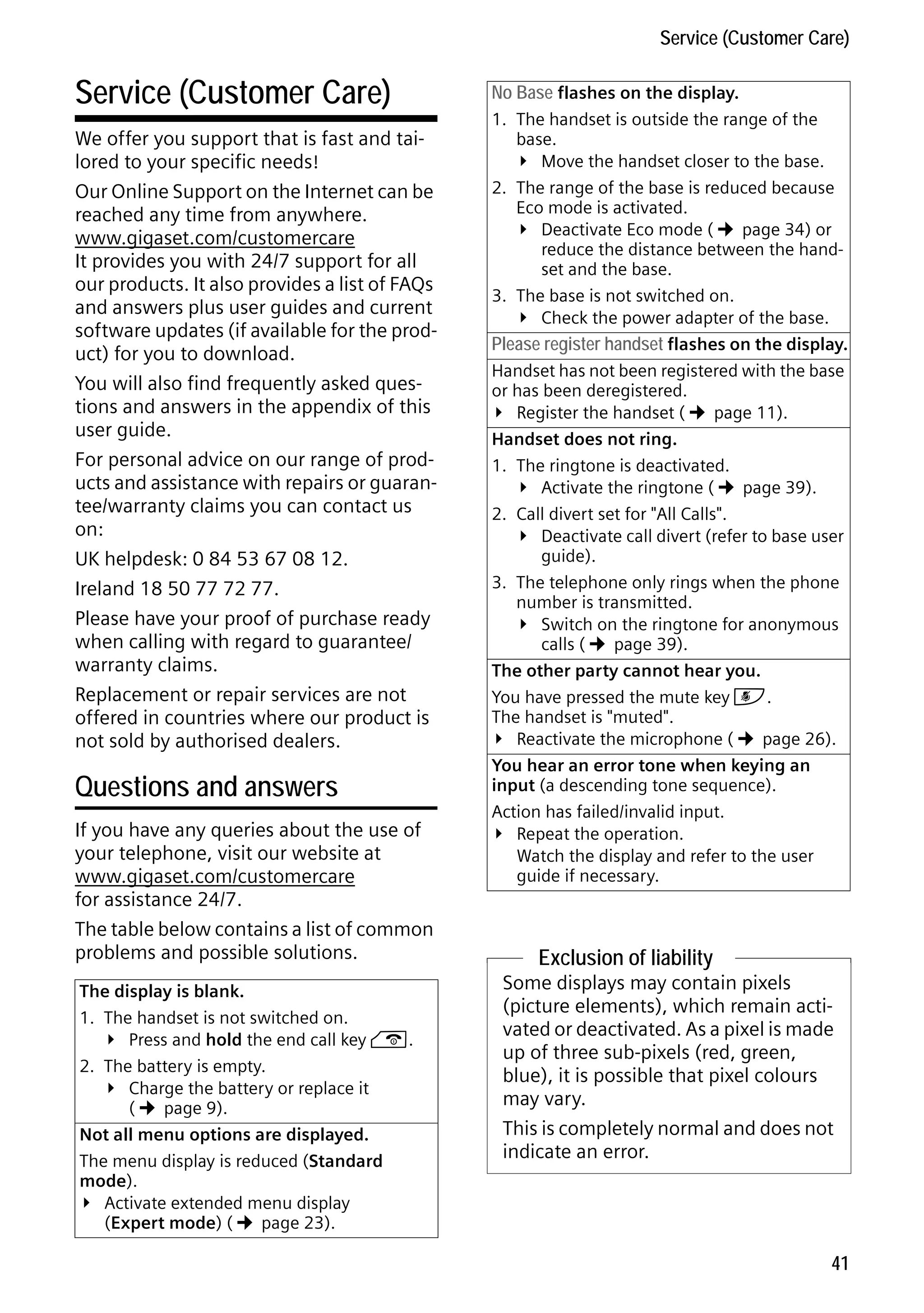 Gigaset C59H / IM1 EN / A31008-M2150-R101-1-4N19 / appendix.fm / 25.05.2009

Service (Customer Care)

Service (Customer Care)
We offer you support that is fast and tailored to your specific needs!
Our Online Support on the Internet can be
reached any time from anywhere.
www.gigaset.com/customercare
It provides you with 24/7 support for all
our products. It also provides a list of FAQs
and answers plus user guides and current
software updates (if available for the product) for you to download.
You will also find frequently asked questions and answers in the appendix of this
user guide.
For personal advice on our range of products and assistance with repairs or guarantee/warranty claims you can contact us
on:
UK helpdesk: 0 84 53 67 08 12.
Ireland 18 50 77 72 77.
Please have your proof of purchase ready
when calling with regard to guarantee/
warranty claims.
Replacement or repair services are not
offered in countries where our product is
not sold by authorised dealers.

Questions and answers
If you have any queries about the use of
your telephone, visit our website at
www.gigaset.com/customercare
for assistance 24/7.
The table below contains a list of common
problems and possible solutions.
The display is blank.
1. The handset is not switched on.
Press and hold the end call key a.

¥

2. The battery is empty.
Charge the battery or replace it
page 9).
(

¥

¢

Version 4, 16.09.2005

Not all menu options are displayed.
The menu display is reduced (Standard
mode).
Activate extended menu display
page 23).
(Expert mode) (

¥

No Base flashes on the display.
1. The handset is outside the range of the
base.
Move the handset closer to the base.

¥

2. The range of the base is reduced because
Eco mode is activated.
Deactivate Eco mode (
page 34) or
reduce the distance between the handset and the base.

¥

¢

3. The base is not switched on.
Check the power adapter of the base.

¥

Please register handset flashes on the display.
Handset has not been registered with the base
or has been deregistered.
Register the handset (
page 11).

¥

Handset does not ring.

¢

1. The ringtone is deactivated.
Activate the ringtone (
page 39).

¥

¢

2. Call divert set for "All Calls".
Deactivate call divert (refer to base user
guide).

¥

3. The telephone only rings when the phone
number is transmitted.
Switch on the ringtone for anonymous
page 39).
calls (

¥

¢

The other party cannot hear you.

You have pressed the mute key h.
The handset is "muted".
Reactivate the microphone (
page 26).

¥

¢

You hear an error tone when keying an
input (a descending tone sequence).
Action has failed/invalid input.
Repeat the operation.
Watch the display and refer to the user
guide if necessary.

¥

Exclusion of liability
Some displays may contain pixels
(picture elements), which remain activated or deactivated. As a pixel is made
up of three sub-pixels (red, green,
blue), it is possible that pixel colours
may vary.
This is completely normal and does not
indicate an error.

¢

41

 