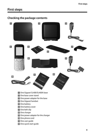 9
First steps
Gigaset SL400/400 A / GBR / A31008-M2103-L101-4-7619 / starting.fm / 30.07.2014Version4,16.09.2005
First steps
Checking the package contents
1 One Gigaset SL400/SL400A base
2 One base cover stand
3 One power adapter for the base
4 One Gigaset handset
5 One battery
6 One battery cover
7 One belt clip
8 One charger
9 One power adapter for the charger
J One phone cord
K One user guide
L One quick start guide
31
4 5
6
8
2
7
9
K
J
L
 