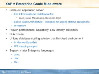 XAP = Enterprise Grade Middleware Scale-out application server End 2 End scale-out middleware for: Web, Data, Messaging, Business logic Space Based Architecture – designed for scaling stateful applications In-memory  Proven performance, Scalability, Low latency, Reliability SLA Driven  Unique database scaling solution that fits cloud environment In Memory Data Grid O/R mapping support Support major Enterprise languages Java, .Net  C++ 