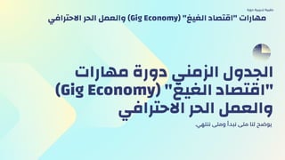 ‫ﻣﻬﺎرات‬ ‫دورة‬ ‫اﻟﺰﻣﻨﻲ‬ ‫اﻟﺠﺪول‬
(Gig Economy) "‫اﻟﻐﻴﻎ‬ ‫"اﻗﺘﺼﺎد‬
‫اﻻﺣﺘﺮاﻓﻲ‬ ‫اﻟﺤﺮ‬ ‫واﻟﻌﻤﻞ‬
.‫ﻧﻨﺘﻬي‬ ‫وﻣﺘﻰ‬ ‫ﻧﺒﺪأ‬ ‫ﻣﺘﻰ‬ ‫ﻟﻨﺎ‬ ‫ﻳﻮﺿﺢ‬
‫دورة‬ ‫ﺗﺪرﻳﺒﻴة‬ ‫ﺣﻘﻴﺒﺔ‬
‫اﻻﺣﺘﺮاﻓﻲ‬ ‫اﻟﺤﺮ‬ ‫واﻟﻌﻤﻞ‬ (Gig Economy) "‫اﻟﻐﻴﻎ‬ ‫"اﻗﺘﺼﺎد‬ ‫ﻣﻬﺎرات‬
 