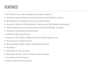 For enquiries reach out to info@gigglesmobile.com
DIRECT MESSAGING
- Highly secure communication between
child care center and parents
- Parents can chose who they want to
communicate with
- No messages are lost as junk SMS/
Emails!
- Read receipts for to and fro messages,
keep track of message readership
 