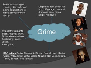 Grime
Refers to speaking or
chanting. It is performed
in time to a beat and is
mainly associated with
hiphop
Originated from British hip
hop, UK garage, dancehall,
drum and base, ragga
jungle, hip house
R&B artists:Bashy, Chipmunk, Dizzee, Rascal, Kano, Kasha,
Giggs, Wiley, Sway, Lethal Bizzle, N-Dubz, Roll Deep, Skepta,
Tinchy Stryder, Tinie Tempah
Typical Instruments
Used: rapping, drum,
Guitar, drum machine,
Beatboxing, piano,
vocals,
Base guitar,
 