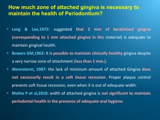 How much zone of attached gingiva is necessary to
maintain the health of Periodontium?
• Lang & Loe,1972: suggested that 2 mm of keratinized gingiva
(corresponding to 1 mm attached gingiva in this material) is adequate to
maintain gingival health.
• Bowers GM,1963: It is possible to maintain clinically healthy gingiva despite
a very narrow zone of attachment (less than 1 mm.).
• Wennstorm, 1987: the lack of minimum amount of attached Gingiva does
not necessarily result in a soft tissue recession. Proper plaque control
prevents soft tissue recession, even when it is out of adequate width.
• Mehta P et al,2010: width of attached gingiva is not significant to maintain
periodontal health in the presence of adequate oral hygiene.
 
