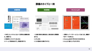 18
読書課題 実践課題 Workshop式
1：伸ばしたいスキルにおいて定評ある書籍を読
み、理解する 
2：発表用にスライドにまとめる 
3：チームで発表会を行う、質疑応答する 
1：先輩が適切な難易度と工数を踏まえ課題設
定する 
2：がんばる 
3：その領域の先輩がFBする 
1：運営メンバーでチームにとって為になる、議論す
べきテーマを考える 
2：Workshop形式で学び合う方式を考える 
3：みんなで盛り上げながら学ぶ 
課題のタイプと一例 
 