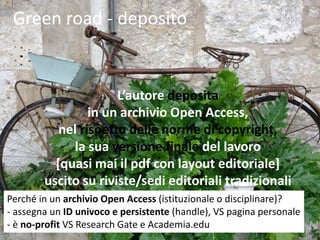 Green road - deposito
L’autore deposita
in un archivio Open Access,
nel rispetto delle norme di copyright,
la sua versione finale del lavoro
[quasi mai il pdf con layout editoriale]
uscito su riviste/sedi editoriali tradizionali
Perché in un archivio Open Access (istituzionale o disciplinare)?
- assegna un ID univoco e persistente (handle), VS pagina personale
- è no-profit VS Research Gate e Academia.edu
 