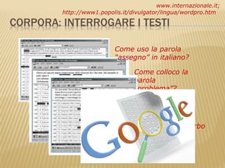 www.internazionale.it;
http://www1.popolis.it/divulgator/lingua/wordpro.htm




                 Come uso la parola
                 “assegno” in italiano?

                        Come colloco la
                        parola
                        “problema”?



                           Come collego
                           “facile” a un verbo
                           all’infinito?
 