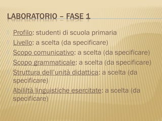    Profilo: studenti di scuola primaria
   Livello: a scelta (da specificare)
   Scopo comunicativo: a scelta (da specificare)
   Scopo grammaticale: a scelta (da specificare)
   Struttura dell’unità didattica: a scelta (da
    specificare)
   Abililtà linguistiche esercitate: a scelta (da
    specificare)
 