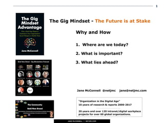 Jane McConnell @netjmc jane@netjmc.com
The Gig Mindset - The Future is at Stake
1. Where are we today?
2. What is important?
3. What lies ahead?
1
Why and How
20 years and over 120 intranet/digital workplace
projects for over 60 global organizations.
“Organization in the Digital Age”
10 years of research & reports 2006-2017
 