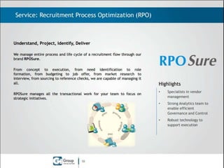 Service: Recruitment Process Optimization (RPO)

Understand, Project, Identify, Deliver
We manage entire process and life cycle of a recruitment flow through our
brand RPOSure.
From concept to execution, from need identification to role
formation, from budgeting to job offer, from market research to
interview, from sourcing to reference checks, we are capable of managing it
all.

Highlights
Specialists in vendor
management
Strong Analytics team to
enable efficient
Governance and Control

•

10

•
•

RPOSure manages all the transactional work for your team to focus on
strategic initiatives.

Robust technology to
support execution

 