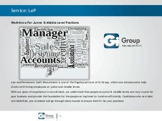 Service: LeP
Workforce For Junior & Middle Level Positions

Low end Permanent (LeP) Recruitment is one of the flagship services of Gi Group, which was introduced to help
clients with hiring employees at junior and middle levels.
With our years of experience in recruitment, we understand that people at junior & middle levels are very crucial for
your business and provide the foundation for the people at top level to function efficiently. Candidates who are ideal

are identified, pre-screened and go through many rounds to ensure best fit for your positions.

15

 