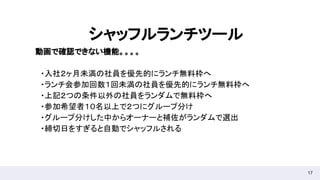 17
シャッフルランチツール
動画で確認できない機能。。。。
　・入社２ヶ月未満の社員を優先的にランチ無料枠へ
　・ランチ会参加回数１回未満の社員を優先的にランチ無料枠へ
　・上記２つの条件以外の社員をランダムで無料枠へ
　・参加希望者１０名以上で２つにグループ分け
　・グループ分けした中からオーナーと補佐がランダムで選出
　・締切日をすぎると自動でシャッフルされる
 