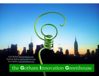 Carl Skelton cskelton@poly.edu
Norman Jacknis njacknis@cisco.com
 Vin Cipolla VinCipolla@mas.org


      the Gotham Innovation Greenhouse
 