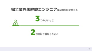 4
完全業界未経験エンジニアが研修を経て感じた
3つのいいとこ
2つの足りなかったこと
 