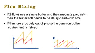 Flow Mixing
• If 2 flows use a single buffer and they resonate precisely
then the buffer still needs to be delay-bandwidth size
• If they are precisely out of phase the common buffer
requirement is halved
23
 