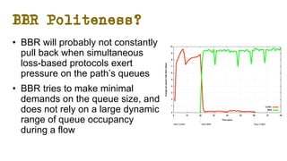 BBR Politeness?
• BBR will probably not constantly
pull back when simultaneous
loss-based protocols exert
pressure on the path’s queues
• BBR tries to make minimal
demands on the queue size, and
does not rely on a large dynamic
range of queue occupancy
during a flow
 