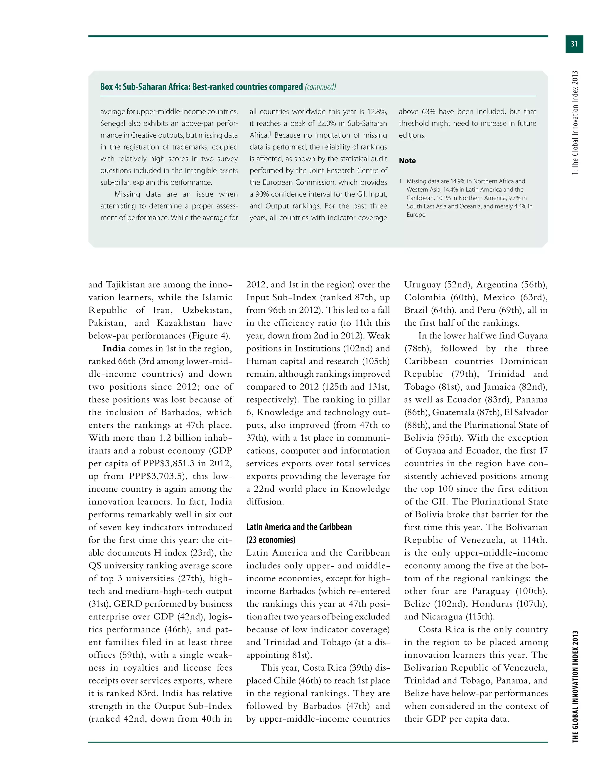 31
THEGLOBALINNOVATIONINDEX2013	1:TheGlobalInnovationIndex2013
and Tajikistan are among the inno-
vation learners, while the Islamic
Republic of Iran, Uzbekistan,
Pakistan, and Kazakhstan have
below-par performances (Figure 4).
India comes in 1st in the region,
ranked 66th (3rd among lower-mid-
dle-income countries) and down
two positions since 2012; one of
these positions was lost because of
the inclusion of Barbados, which
enters the rankings at 47th place.
With more than 1.2 billion inhab-
itants and a robust economy (GDP
per capita of PPP$3,851.3 in 2012,
up from PPP$3,703.5), this low-
income country is again among the
innovation learners. In fact, India
performs remarkably well in six out
of seven key indicators introduced
for the first time this year: the cit-
able documents H index (23rd), the
QS university ranking average score
of top 3 universities (27th), high-
tech and medium-high-tech output
(31st), GERD performed by business
enterprise over GDP (42nd), logis-
tics performance (46th), and pat-
ent families filed in at least three
offices (59th), with a single weak-
ness in royalties and license fees
receipts over services exports, where
it is ranked 83rd. India has relative
strength in the Output Sub-Index
(ranked 42nd, down from 40th in
2012, and 1st in the region) over the
Input Sub-Index (ranked 87th, up
from 96th in 2012). This led to a fall
in the efficiency ratio (to 11th this
year, down from 2nd in 2012). Weak
positions in Institutions (102nd) and
Human capital and research (105th)
remain, although rankings improved
compared to 2012 (125th and 131st,
respectively). The ranking in pillar
6, Knowledge and technology out-
puts, also improved (from 47th to
37th), with a 1st place in communi-
cations, computer and information
services exports over total services
exports providing the leverage for
a 22nd world place in Knowledge
diffusion.
Latin America and the Caribbean
(23 economies)
Latin America and the Caribbean
includes only upper- and middle-
income economies, except for high-
income Barbados (which re-entered
the rankings this year at 47th posi-
tion after two years of being excluded
because of low indicator coverage)
and Trinidad and Tobago (at a dis-
appointing 81st).
This year, Costa Rica (39th) dis-
placed Chile (46th) to reach 1st place
in the regional rankings. They are
followed by Barbados (47th) and
by upper-middle-income countries
Uruguay (52nd), Argentina (56th),
Colombia (60th), Mexico (63rd),
Brazil (64th), and Peru (69th), all in
the first half of the rankings.
In the lower half we find Guyana
(78th), followed by the three
Caribbean countries Dominican
Republic (79th), Trinidad and
Tobago (81st), and Jamaica (82nd),
as well as Ecuador (83rd), Panama
(86th), Guatemala (87th), El Salvador
(88th), and the Plurinational State of
Bolivia (95th). With the exception
of Guyana and Ecuador, the first 17
countries in the region have con-
sistently achieved positions among
the top 100 since the first edition
of the GII. The Plurinational State
of Bolivia broke that barrier for the
first time this year. The Bolivarian
Republic of Venezuela, at 114th,
is the only upper-middle-income
economy among the five at the bot-
tom of the regional rankings: the
other four are Paraguay (100th),
Belize (102nd), Honduras (107th),
and Nicaragua (115th).
Costa Rica is the only country
in the region to be placed among
innovation learners this year. The
Bolivarian Republic of Venezuela,
Trinidad and Tobago, Panama, and
Belize have below-par performances
when considered in the context of
their GDP per capita data.
Box 4: Sub-Saharan Africa: Best-ranked countries compared (continued)
average for upper-middle-income countries.
Senegal also exhibits an above-par perfor-
mance in Creative outputs, but missing data
in the registration of trademarks, coupled
with relatively high scores in two survey
questions included in the Intangible assets
sub-pillar, explain this performance.
Missing data are an issue when
attempting to determine a proper assess-
ment of performance. While the average for
all countries worldwide this year is 12.8%,
it reaches a peak of 22.0% in Sub-Saharan
Africa.1 Because no imputation of missing
data is performed, the reliability of rankings
is affected, as shown by the statistical audit
performed by the Joint Research Centre of
the European Commission, which provides
a 90% confidence interval for the GII, Input,
and Output rankings. For the past three
years, all countries with indicator coverage
above 63% have been included, but that
threshold might need to increase in future
editions.
Note
1	 Missing data are 14.9% in Northern Africa and
Western Asia, 14.4% in Latin America and the
Caribbean, 10.1% in Northern America, 9.7% in
South East Asia and Oceania, and merely 4.4% in
Europe.
 