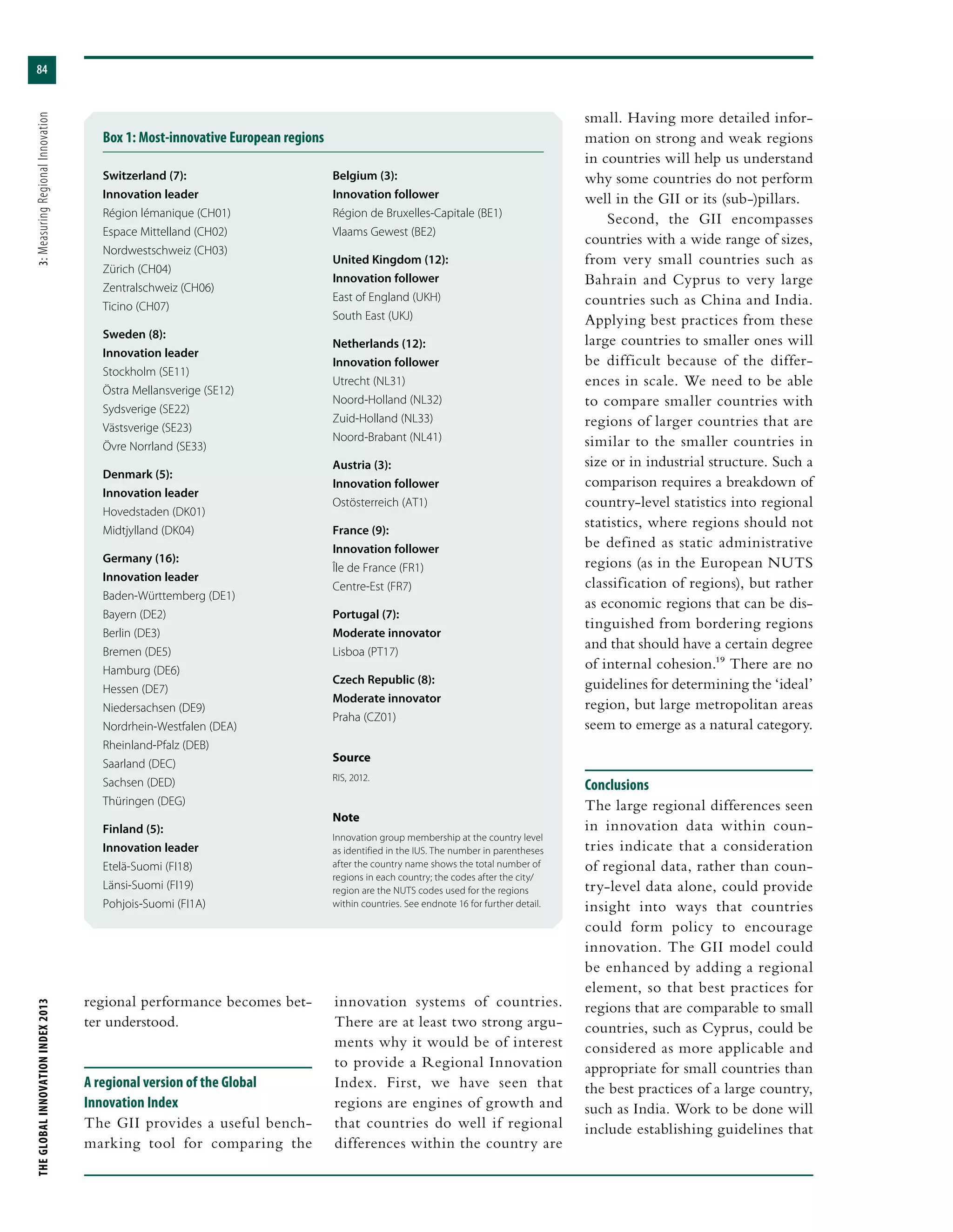THEGLOBALINNOVATIONINDEX2013	3:MeasuringRegionalInnovation
84
innovation systems of countries.
There are at least two strong argu-
ments why it would be of interest
to provide a Regional Innovation
Index. First, we have seen that
regions are engines of growth and
that countries do well if regional
differences within the country are
regional performance becomes bet-
ter understood.
A regional version of the Global
Innovation Index
The GII provides a useful bench-
marking tool for comparing the
small. Having more detailed infor-
mation on strong and weak regions
in countries will help us understand
why some countries do not perform
well in the GII or its (sub-)pillars.
Second, the GII encompasses
countries with a wide range of sizes,
from very small countries such as
Bahrain and Cyprus to very large
countries such as China and India.
Applying best practices from these
large countries to smaller ones will
be difficult because of the differ-
ences in scale. We need to be able
to compare smaller countries with
regions of larger countries that are
similar to the smaller countries in
size or in industrial structure. Such a
comparison requires a breakdown of
country-level statistics into regional
statistics, where regions should not
be defined as static administrative
regions (as in the European NUTS
classification of regions), but rather
as economic regions that can be dis-
tinguished from bordering regions
and that should have a certain degree
of internal cohesion.19 There are no
guidelines for determining the ‘ideal’
region, but large metropolitan areas
seem to emerge as a natural category.
Conclusions
The large regional differences seen
in innovation data within coun-
tries indicate that a consideration
of regional data, rather than coun-
try-level data alone, could provide
insight into ways that countries
could form policy to encourage
innovation. The GII model could
be enhanced by adding a regional
element, so that best practices for
regions that are comparable to small
countries, such as Cyprus, could be
considered as more applicable and
appropriate for small countries than
the best practices of a large country,
such as India. Work to be done will
include establishing guidelines that
Box 1: Most-innovative European regions
Switzerland (7):
Innovation leader
Région lémanique (CH01)
Espace Mittelland (CH02)
Nordwestschweiz (CH03)
Zürich (CH04)
Zentralschweiz (CH06)
Ticino (CH07)
Sweden (8):
Innovation leader
Stockholm (SE11)
Östra Mellansverige (SE12)
Sydsverige (SE22)
Västsverige (SE23)
Övre Norrland (SE33)
Denmark (5):
Innovation leader
Hovedstaden (DK01)
Midtjylland (DK04)
Germany (16):
Innovation leader
Baden-Württemberg (DE1)
Bayern (DE2)
Berlin (DE3)
Bremen (DE5)
Hamburg (DE6)
Hessen (DE7)
Niedersachsen (DE9)
Nordrhein-Westfalen (DEA)
Rheinland-Pfalz (DEB)
Saarland (DEC)
Sachsen (DED)
Thüringen (DEG)
Finland (5):
Innovation leader
Etelä-Suomi (FI18)
Länsi-Suomi (FI19)
Pohjois-Suomi (FI1A)
Belgium (3):
Innovation follower
Région de Bruxelles-Capitale (BE1)
Vlaams Gewest (BE2)
United Kingdom (12):
Innovation follower
East of England (UKH)
South East (UKJ)
Netherlands (12):
Innovation follower
Utrecht (NL31)
Noord-Holland (NL32)
Zuid-Holland (NL33)
Noord-Brabant (NL41)
Austria (3):
Innovation follower
Ostösterreich (AT1)
France (9):
Innovation follower
Île de France (FR1)
Centre-Est (FR7)
Portugal (7):
Moderate innovator
Lisboa (PT17)
Czech Republic (8):
Moderate innovator
Praha (CZ01)
Source
RIS, 2012.
Note
Innovation group membership at the country level
as identified in the IUS. The number in parentheses
after the country name shows the total number of
regions in each country; the codes after the city/
region are the NUTS codes used for the regions
within countries. See endnote 16 for further detail.
 