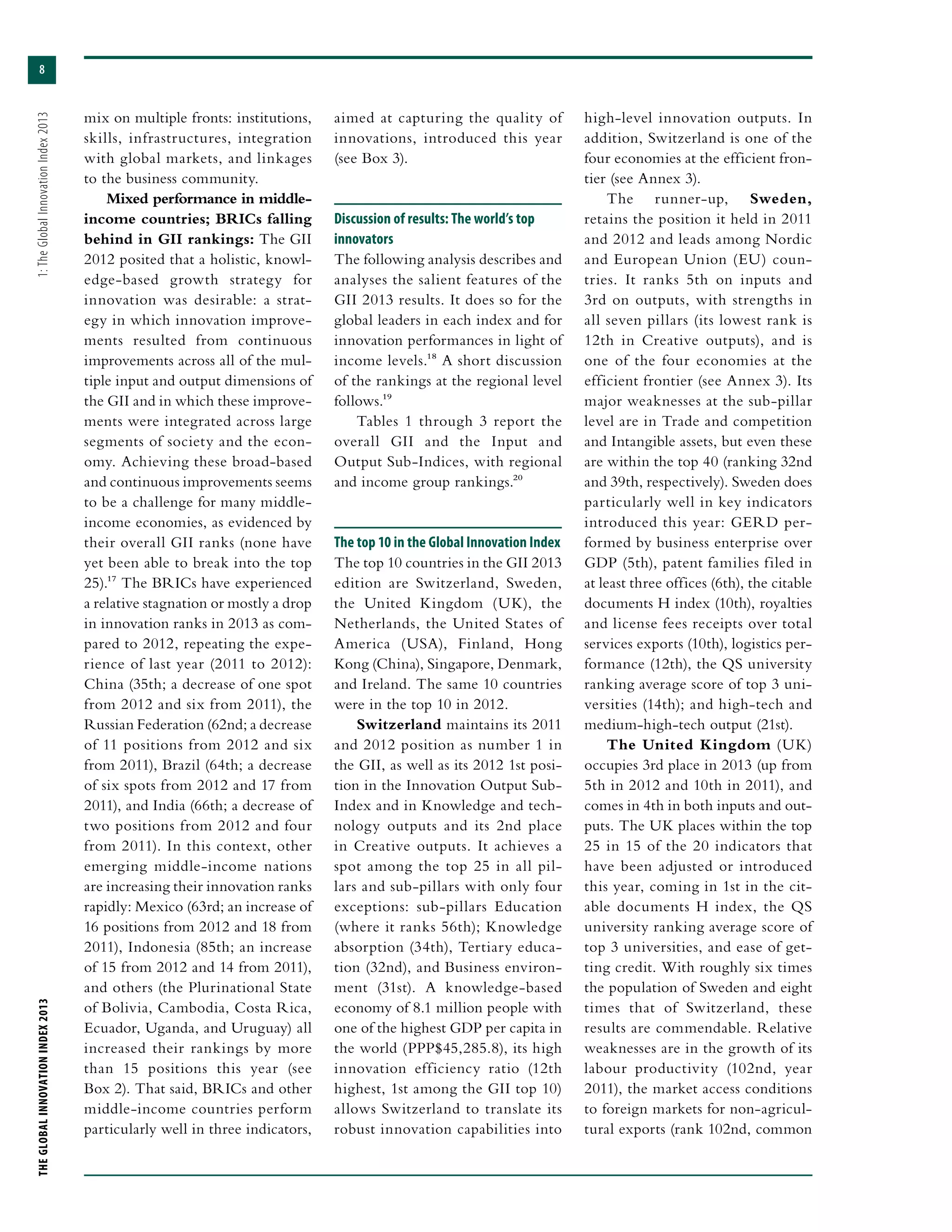 THEGLOBALINNOVATIONINDEX2013	1:TheGlobalInnovationIndex2013
8
mix on multiple fronts: institutions,
skills, infrastructures, integration
with global markets, and linkages
to the business community.
Mixed performance in middle-
income countries; BRICs falling
behind in GII rankings: The GII
2012 posited that a holistic, knowl-
edge-based growth strategy for
innovation was desirable: a strat-
egy in which innovation improve-
ments resulted from continuous
improvements across all of the mul-
tiple input and output dimensions of
the GII and in which these improve-
ments were integrated across large
segments of society and the econ-
omy. Achieving these broad-based
and continuous improvements seems
to be a challenge for many middle-
income economies, as evidenced by
their overall GII ranks (none have
yet been able to break into the top
25).17 The BRICs have experienced
a relative stagnation or mostly a drop
in innovation ranks in 2013 as com-
pared to 2012, repeating the expe-
rience of last year (2011 to 2012):
China (35th; a decrease of one spot
from 2012 and six from 2011), the
Russian Federation (62nd; a decrease
of 11 positions from 2012 and six
from 2011), Brazil (64th; a decrease
of six spots from 2012 and 17 from
2011), and India (66th; a decrease of
two positions from 2012 and four
from 2011). In this context, other
emerging middle-income nations
are increasing their innovation ranks
rapidly: Mexico (63rd; an increase of
16 positions from 2012 and 18 from
2011), Indonesia (85th; an increase
of 15 from 2012 and 14 from 2011),
and others (the Plurinational State
of Bolivia, Cambodia, Costa Rica,
Ecuador, Uganda, and Uruguay) all
increased their rankings by more
than 15 positions this year (see
Box 2). That said, BRICs and other
middle-income countries perform
particularly well in three indicators,
aimed at capturing the quality of
innovations, introduced this year
(see Box 3).
Discussion of results: The world’s top
innovators
The following analysis describes and
analyses the salient features of the
GII 2013 results. It does so for the
global leaders in each index and for
innovation performances in light of
income levels.18 A short discussion
of the rankings at the regional level
follows.19
Tables 1 through 3 report the
overall GII and the Input and
Output Sub-Indices, with regional
and income group rankings.20
The top 10 in the Global Innovation Index
The top 10 countries in the GII 2013
edition are Switzerland, Sweden,
the United Kingdom (UK), the
Netherlands, the United States of
America (USA), Finland, Hong
Kong (China), Singapore, Denmark,
and Ireland. The same 10 countries
were in the top 10 in 2012.
Switzerland maintains its 2011
and 2012 position as number 1 in
the GII, as well as its 2012 1st posi-
tion in the Innovation Output Sub-
Index and in Knowledge and tech-
nology outputs and its 2nd place
in Creative outputs. It achieves a
spot among the top 25 in all pil-
lars and sub-pillars with only four
exceptions: sub-pillars Education
(where it ranks 56th); Knowledge
absorption (34th), Tertiary educa-
tion (32nd), and Business environ-
ment (31st). A knowledge-based
economy of 8.1 million people with
one of the highest GDP per capita in
the world (PPP$45,285.8), its high
innovation efficiency ratio (12th
highest, 1st among the GII top 10)
allows Switzerland to translate its
robust innovation capabilities into
high-level innovation outputs. In
addition, Switzerland is one of the
four economies at the efficient fron-
tier (see Annex 3).
The runner-up, Sweden,
retains the position it held in 2011
and 2012 and leads among Nordic
and European Union (EU) coun-
tries. It ranks 5th on inputs and
3rd on outputs, with strengths in
all seven pillars (its lowest rank is
12th in Creative outputs), and is
one of the four economies at the
efficient frontier (see Annex 3). Its
major weaknesses at the sub-pillar
level are in Trade and competition
and Intangible assets, but even these
are within the top 40 (ranking 32nd
and 39th, respectively). Sweden does
particularly well in key indicators
introduced this year: GERD per-
formed by business enterprise over
GDP (5th), patent families filed in
at least three offices (6th), the citable
documents H index (10th), royalties
and license fees receipts over total
services exports (10th), logistics per-
formance (12th), the QS university
ranking average score of top 3 uni-
versities (14th); and high-tech and
medium-high-tech output (21st).
The United Kingdom (UK)
occupies 3rd place in 2013 (up from
5th in 2012 and 10th in 2011), and
comes in 4th in both inputs and out-
puts. The UK places within the top
25 in 15 of the 20 indicators that
have been adjusted or introduced
this year, coming in 1st in the cit-
able documents H index, the QS
university ranking average score of
top 3 universities, and ease of get-
ting credit. With roughly six times
the population of Sweden and eight
times that of Switzerland, these
results are commendable. Relative
weaknesses are in the growth of its
labour productivity (102nd, year
2011), the market access conditions
to foreign markets for non-agricul-
tural exports (rank 102nd, common
 