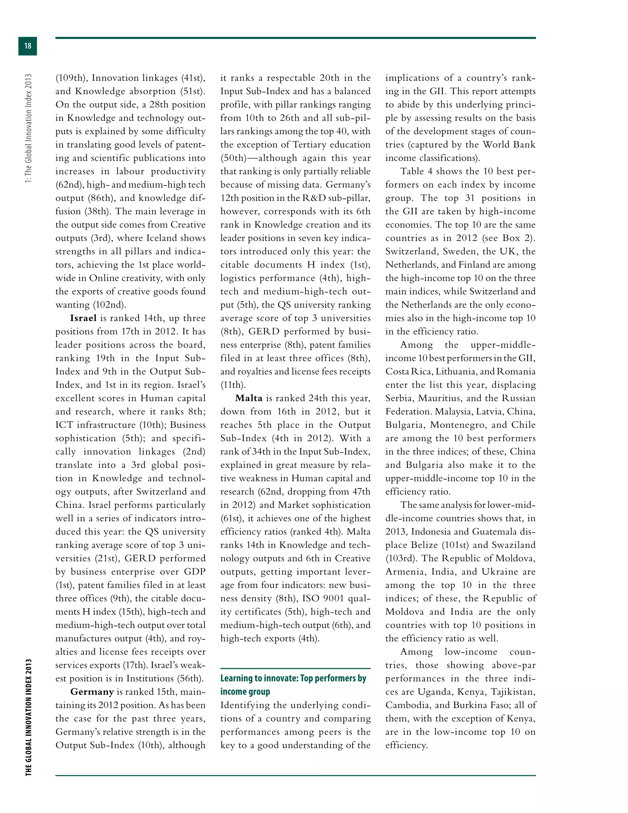 THEGLOBALINNOVATIONINDEX2013	1:TheGlobalInnovationIndex2013
18
(109th), Innovation linkages (41st),
and Knowledge absorption (51st).
On the output side, a 28th position
in Knowledge and technology out-
puts is explained by some difficulty
in translating good levels of patent-
ing and scientific publications into
increases in labour productivity
(62nd), high- and medium-high tech
output (86th), and knowledge dif-
fusion (38th). The main leverage in
the output side comes from Creative
outputs (3rd), where Iceland shows
strengths in all pillars and indica-
tors, achieving the 1st place world-
wide in Online creativity, with only
the exports of creative goods found
wanting (102nd).
Israel is ranked 14th, up three
positions from 17th in 2012. It has
leader positions across the board,
ranking 19th in the Input Sub-
Index and 9th in the Output Sub-
Index, and 1st in its region. Israel’s
excellent scores in Human capital
and research, where it ranks 8th;
ICT infrastructure (10th); Business
sophistication (5th); and specifi-
cally innovation linkages (2nd)
translate into a 3rd global posi-
tion in Knowledge and technol-
ogy outputs, after Switzerland and
China. Israel performs particularly
well in a series of indicators intro-
duced this year: the QS university
ranking average score of top 3 uni-
versities (21st), GERD performed
by business enterprise over GDP
(1st), patent families filed in at least
three offices (9th), the citable docu-
ments H index (15th), high-tech and
medium-high-tech output over total
manufactures output (4th), and roy-
alties and license fees receipts over
services exports (17th). Israel’s weak-
est position is in Institutions (56th).
Germany is ranked 15th, main-
taining its 2012 position. As has been
the case for the past three years,
Germany’s relative strength is in the
Output Sub-Index (10th), although
it ranks a respectable 20th in the
Input Sub-Index and has a balanced
profile, with pillar rankings ranging
from 10th to 26th and all sub-pil-
lars rankings among the top 40, with
the exception of Tertiary education
(50th)—although again this year
that ranking is only partially reliable
because of missing data. Germany’s
12th position in the R&D sub-pillar,
however, corresponds with its 6th
rank in Knowledge creation and its
leader positions in seven key indica-
tors introduced only this year: the
citable documents H index (1st),
logistics performance (4th), high-
tech and medium-high-tech out-
put (5th), the QS university ranking
average score of top 3 universities
(8th), GERD performed by busi-
ness enterprise (8th), patent families
filed in at least three offices (8th),
and royalties and license fees receipts
(11th).
Malta is ranked 24th this year,
down from 16th in 2012, but it
reaches 5th place in the Output
Sub-Index (4th in 2012). With a
rank of 34th in the Input Sub-Index,
explained in great measure by rela-
tive weakness in Human capital and
research (62nd, dropping from 47th
in 2012) and Market sophistication
(61st), it achieves one of the highest
efficiency ratios (ranked 4th). Malta
ranks 14th in Knowledge and tech-
nology outputs and 6th in Creative
outputs, getting important lever-
age from four indicators: new busi-
ness density (8th), ISO 9001 qual-
ity certificates (5th), high-tech and
medium-high-tech output (6th), and
high-tech exports (4th).
Learning to innovate: Top performers by
income group
Identifying the underlying condi-
tions of a country and comparing
performances among peers is the
key to a good understanding of the
implications of a country’s rank-
ing in the GII. This report attempts
to abide by this underlying princi-
ple by assessing results on the basis
of the development stages of coun-
tries (captured by the World Bank
income classifications).
Table 4 shows the 10 best per-
formers on each index by income
group. The top 31 positions in
the GII are taken by high-income
economies. The top 10 are the same
countries as in 2012 (see Box 2).
Switzerland, Sweden, the UK, the
Netherlands, and Finland are among
the high-income top 10 on the three
main indices, while Switzerland and
the Netherlands are the only econo-
mies also in the high-income top 10
in the efficiency ratio.
Among the upper-middle-
income 10 best performers in the GII,
Costa Rica, Lithuania, and Romania
enter the list this year, displacing
Serbia, Mauritius, and the Russian
Federation. Malaysia, Latvia, China,
Bulgaria, Montenegro, and Chile
are among the 10 best performers
in the three indices; of these, China
and Bulgaria also make it to the
upper-middle-income top 10 in the
efficiency ratio.
The same analysis for lower-mid-
dle-income countries shows that, in
2013, Indonesia and Guatemala dis-
place Belize (101st) and Swaziland
(103rd). The Republic of Moldova,
Armenia, India, and Ukraine are
among the top 10 in the three
indices; of these, the Republic of
Moldova and India are the only
countries with top 10 positions in
the efficiency ratio as well.
Among low-income coun-
tries, those showing above-par
performances in the three indi-
ces are Uganda, Kenya, Tajikistan,
Cambodia, and Burkina Faso; all of
them, with the exception of Kenya,
are in the low-income top 10 on
efficiency.
 