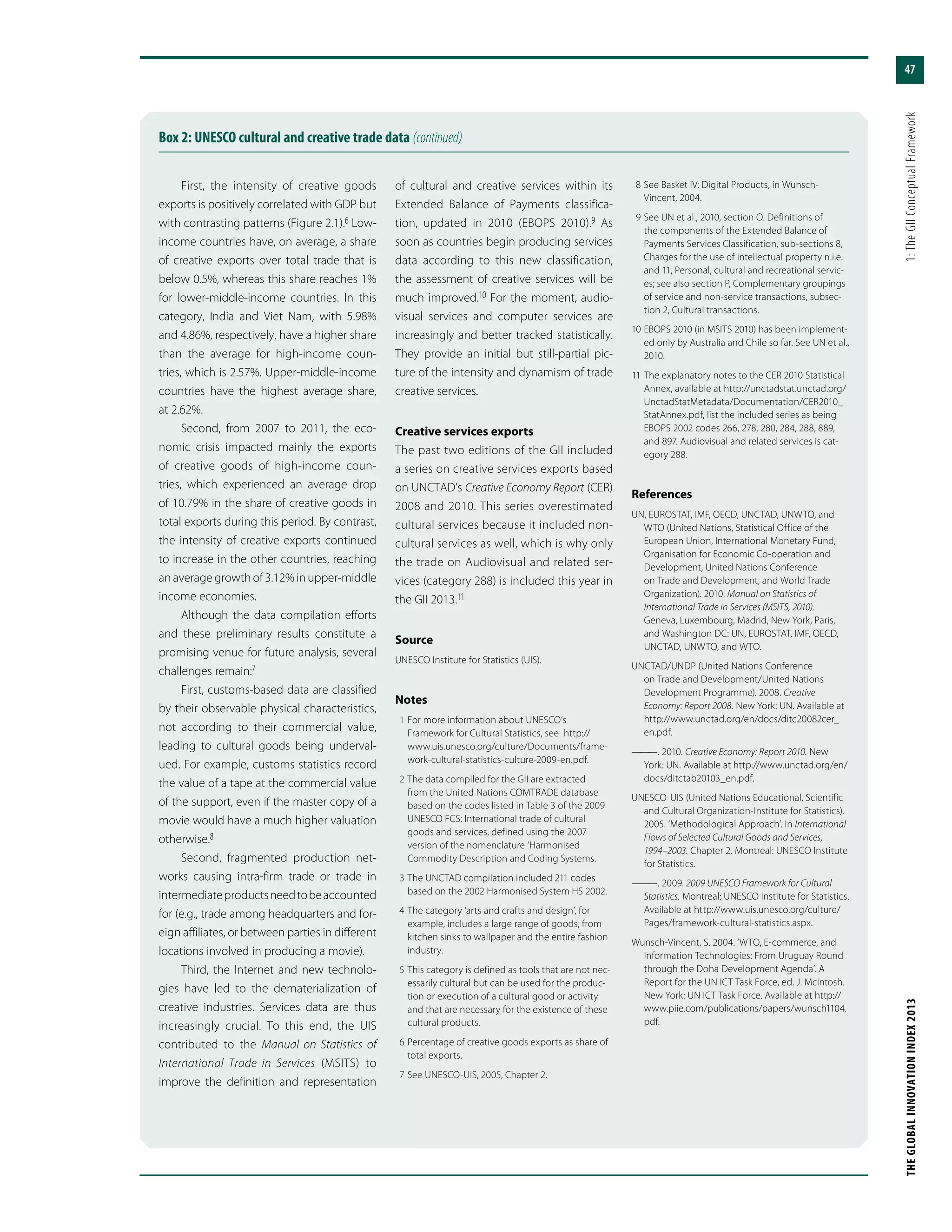 47
THEGLOBALINNOVATIONINDEX2013	1:TheGIIConceptualFramework
First, the intensity of creative goods
exports is positively correlated with GDP but
with contrasting patterns (Figure 2.1).6 Low-
income countries have, on average, a share
of creative exports over total trade that is
below 0.5%, whereas this share reaches 1%
for lower-middle-income countries. In this
category, India and Viet Nam, with 5.98%
and 4.86%, respectively, have a higher share
than the average for high-income coun-
tries, which is 2.57%. Upper-middle-income
countries have the highest average share,
at 2.62%.
Second, from 2007 to 2011, the eco-
nomic crisis impacted mainly the exports
of creative goods of high-income coun-
tries, which experienced an average drop
of 10.79% in the share of creative goods in
total exports during this period. By contrast,
the intensity of creative exports continued
to increase in the other countries, reaching
an average growth of 3.12% in upper-middle
income economies.
Although the data compilation efforts
and these preliminary results constitute a
promising venue for future analysis, several
challenges remain:7
First, customs-based data are classified
by their observable physical characteristics,
not according to their commercial value,
leading to cultural goods being underval-
ued. For example, customs statistics record
the value of a tape at the commercial value
of the support, even if the master copy of a
movie would have a much higher valuation
otherwise.8
Second, fragmented production net-
works causing intra-firm trade or trade in
intermediateproductsneedtobeaccounted
for (e.g., trade among headquarters and for-
eign affiliates, or between parties in different
locations involved in producing a movie).
Third, the Internet and new technolo-
gies have led to the dematerialization of
creative industries. Services data are thus
increasingly crucial. To this end, the UIS
contributed to the Manual on Statistics of
International Trade in Services (MSITS) to
improve the definition and representation
of cultural and creative services within its
Extended Balance of Payments classifica-
tion, updated in 2010 (EBOPS 2010).9 As
soon as countries begin producing services
data according to this new classification,
the assessment of creative services will be
much improved.10 For the moment, audio-
visual services and computer services are
increasingly and better tracked statistically.
They provide an initial but still-partial pic-
ture of the intensity and dynamism of trade
creative services.
Creative services exports
The past two editions of the GII included
a series on creative services exports based
on UNCTAD’s Creative Economy Report (CER)
2008 and 2010. This series overestimated
cultural services because it included non-
cultural services as well, which is why only
the trade on Audiovisual and related ser-
vices (category 288) is included this year in
the GII 2013.11
Source
UNESCO Institute for Statistics (UIS).
Notes
	 1	For more information about UNESCO’s
Framework for Cultural Statistics, see http://
www.uis.unesco.org/culture/Documents/frame-
work-cultural-statistics-culture-2009-en.pdf.
	 2	The data compiled for the GII are extracted
from the United Nations COMTRADE database
based on the codes listed in Table 3 of the 2009
UNESCO FCS: International trade of cultural
goods and services, defined using the 2007
version of the nomenclature ‘Harmonised
Commodity Description and Coding Systems.
	 3	The UNCTAD compilation included 211 codes
based on the 2002 Harmonised System HS 2002.
	 4	The category ‘arts and crafts and design’, for
example, includes a large range of goods, from
kitchen sinks to wallpaper and the entire fashion
industry.
	 5	This category is defined as tools that are not nec-
essarily cultural but can be used for the produc-
tion or execution of a cultural good or activity
and that are necessary for the existence of these
cultural products.
	 6	Percentage of creative goods exports as share of
total exports.
	 7	See UNESCO-UIS, 2005, Chapter 2.
	 8	See Basket IV: Digital Products, in Wunsch-
Vincent, 2004.
	 9	See UN et al., 2010, section O. Definitions of
the components of the Extended Balance of
Payments Services Classification, sub-sections 8,
Charges for the use of intellectual property n.i.e.
and 11, Personal, cultural and recreational servic-
es; see also section P, Complementary groupings
of service and non-service transactions, subsec-
tion 2, Cultural transactions.
	10	EBOPS 2010 (in MSITS 2010) has been implement-
ed only by Australia and Chile so far. See UN et al.,
2010.
	11	The explanatory notes to the CER 2010 Statistical
Annex, available at http://unctadstat.unctad.org/
UnctadStatMetadata/Documentation/CER2010_
StatAnnex.pdf, list the included series as being
EBOPS 2002 codes 266, 278, 280, 284, 288, 889,
and 897. Audiovisual and related services is cat-
egory 288.
References
UN, EUROSTAT, IMF, OECD, UNCTAD, UNWTO, and
WTO (United Nations, Statistical Office of the
European Union, International Monetary Fund,
Organisation for Economic Co-operation and
Development, United Nations Conference
on Trade and Development, and World Trade
Organization). 2010. Manual on Statistics of
International Trade in Services (MSITS, 2010).
Geneva, Luxembourg, Madrid, New York, Paris,
and Washington DC: UN, EUROSTAT, IMF, OECD,
UNCTAD, UNWTO, and WTO.
UNCTAD/UNDP (United Nations Conference
on Trade and Development/United Nations
Development Programme). 2008. Creative
Economy: Report 2008. New York: UN. Available at
http://www.unctad.org/en/docs/ditc20082cer_
en.pdf.
———. 2010. Creative Economy: Report 2010. New
York: UN. Available at http://www.unctad.org/en/
docs/ditctab20103_en.pdf.
UNESCO-UIS (United Nations Educational, Scientific
and Cultural Organization-Institute for Statistics).
2005. ‘Methodological Approach’. In International
Flows of Selected Cultural Goods and Services,
1994–2003. Chapter 2. Montreal: UNESCO Institute
for Statistics.
———. 2009. 2009 UNESCO Framework for Cultural
Statistics. Montreal: UNESCO Institute for Statistics.
Available at http://www.uis.unesco.org/culture/
Pages/framework-cultural-statistics.aspx.
Wunsch-Vincent, S. 2004. ‘WTO, E-commerce, and
Information Technologies: From Uruguay Round
through the Doha Development Agenda’. A
Report for the UN ICT Task Force, ed. J. McIntosh.
New York: UN ICT Task Force. Available at http://
www.piie.com/publications/papers/wunsch1104.
pdf.
Box 2: UNESCO cultural and creative trade data (continued)
 