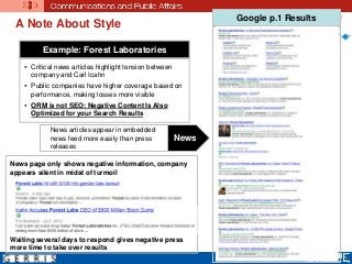 A Note About Style
News articles appear in embedded
news feed more easily than press
releases
Google p.1 Results
Example: Forest Laboratories
 Critical news articles highlight tension between
company and Carl Icahn
 Public companies have higher coverage based on
performance, making losses more visible
 ORM is not SEO: Negative Content Is Also
Optimized for your Search Results
News page only shows negative information, company
appears silent in midst of turmoil
Waiting several days to respond gives negative press
more time to take over results
News
 