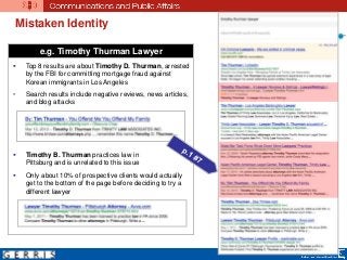 Mistaken Identity
e.g. Timothy Thurman Lawyer
 Top 8 results are about Timothy D. Thurman, arrested
by the FBI for committing mortgage fraud against
Korean immigrants in Los Angeles
• Search results include negative reviews, news articles,
and blog attacks
 Timothy B. Thurman practices law in
Pittsburg and is unrelated to this issue
 Only about 10% of prospective clients would actually
get to the bottom of the page before deciding to try a
different lawyer
 