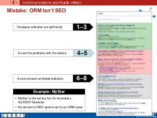 Mistake: ORM Isn’t SEO
Example: MyStar
 MyStar is the set-top box for Australia’s
AUSTAR Television
 No amount of SEO spend can fix an ORM issue
Company websites are optimized 1–3
So are the problems with the device 4–5
As are several unrelated websites 6–8
 