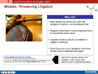 Mistake: Threatening Litigation
Why not?
 Most attacks by clients fall under the
category of opinion, not considered libel
 Negative information may be reposted even
if successfully taken down
 Litigation tends to attract a landslide of
negative reactions
 Even if you win, your reputation may have
already been irreparably damaged
 Search for “gelareh rahbar dds”
 Google p.1 #4, 2 years later
 Seen by >50% of potential patients
 