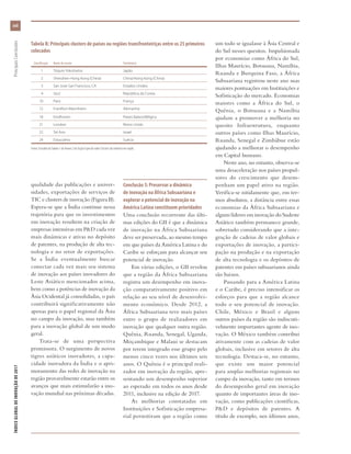 ÍNDICEGLOBALDEINOVAÇÃODE2017	PrincipaisConclusões
xxii
qualidade das publicações e univer-
sidades, exportações de serviços de
TIC e clusters de inovação (Figura B).
Espera-se que a Índia continue nessa
trajetória para que os investimentos
em inovação resultem na criação de
empresas intensivas em P&D cada vez
mais dinâmicas e ativas no depósito
de patentes, na produção de alta tec-
nologia e no setor de exportações.
Se a Índia eventualmente buscar
conectar cada vez mais seu sistema
de inovação aos países inovadores do
Leste Asiático mencionados acima,
bem como a potências de inovação da
Ásia Ocidental já consolidadas, o país
contribuirá significativamente não
apenas para o papel regional da Ásia
no campo da inovação, mas também
para a inovação global de um modo
geral.
Trata-se de uma perspectiva
promissora. O surgimento de novos
tigres asiáticos inovadores, a capa-
cidade inovadora da Índia e o apri-
moramento das redes de inovação na
região provavelmente estarão entre os
avanços que mais estimularão a ino-
vação mundial nas próximas décadas.
Conclusão 5: Preservar a dinâmica
de inovação na África Subsaariana e
explorar o potencial de inovação na
América Latina constituem prioridades
Uma conclusão recorrente das últi-
mas edições do GII é que a dinâmica
de inovação na África Subsaariana
deve ser preservada, ao mesmo tempo
em que países da América Latina e do
Caribe se esforçam para alcançar seu
potencial de inovação.
Em várias edições, o GII revelou
que a região da África Subsaariana
registra um desempenho em inova-
ção comparativamente positivo em
relação ao seu nível de desenvolvi-
mento econômico. Desde 2012, a
África Subsaariana teve mais países
entre o grupo de realizadores em
inovação que qualquer outra região.
Quênia, Ruanda, Senegal, Uganda,
Moçambique e Malaui se destacam
por terem integrado esse grupo pelo
menos cinco vezes nos últimos seis
anos. O Quênia é o principal reali-
zador em inovação da região, apre-
sentando um desempenho superior
ao esperado em todos os anos desde
2011, inclusive na edição de 2017.
As melhorias constatadas em
Instituições e Sofisticação empresa-
rial permitiram que a região como
um todo se igualasse à Ásia Central e
do Sul nesses quesitos. Impulsionada
por economias como África do Sul,
Ilhas Maurício, Botsuana, Namíbia,
Ruanda e Burquina Faso, a África
Subsaariana registrou neste ano suas
maiores pontuações em Instituições e
Sofisticação do mercado. Economias
maiores como a África do Sul, o
Quênia, o Botsuana e a Namíbia
ajudam a promover a melhoria no
quesito Infraestrutura, enquanto
outros países como Ilhas Maurício,
Ruanda, Senegal e Zimbábue estão
ajudando a melhorar o desempenho
em Capital humano.
Neste ano, no entanto, observa-se
uma desaceleração nos países propul-
sores do crescimento que desem-
penham um papel ativo na região.
Verifica-se nitidamente que, em ter-
mos absolutos, a distância entre essas
economias da África Subsaariana e
alguns líderes em inovação do Sudeste
Asiático também permanece grande,
sobretudo considerando que a inte-
gração de cadeias de valor globais e
exportações de inovação, a partici-
pação na produção e na exportação
de alta tecnologia e os depósitos de
patentes em países subsaarianos ainda
são baixos.
Passando para a América Latina
e o Caribe, é preciso intensificar os
esforços para que a região alcance
todo o seu potencial de inovação.
Chile, México e Brasil e alguns
outros países da região são indiscuti-
velmente importantes agente de ino-
vação. O México também contribui
ativamente com as cadeias de valor
globais, inclusive em setores de alta
tecnologia. Destaca-se, no entanto,
que existe um maior potencial
para amplas melhorias regionais no
campo da inovação, tanto em termos
do desempenho geral em inovação
quanto de importantes áreas de ino-
vação, como publicações científicas,
P&D e depósitos de patentes. A
título de exemplo, nos últimos anos,
Tabela B: Principais clusters de países ou regiões transfronteiriças entre os 25 primeiros
colocados
Classificação Nome do cluster Território(s)
1 Tóquio-Yokohama Japão
2 Shenzhen-Hong Kong (China) China/Hong Kong (China)
3 San José-San Francisco, CA Estados Unidos
4 Seul República da Coreia
10 Paris França
12 Frankfurt-Mannheim Alemanha
18 Eindhoven Países Baixos/Bélgica
21 Londres Reino Unido
22 Tel Aviv Israel
24 Estocolmo Suécia
Fonte: Extraído da Tabela 1 do Anexo 2 da Seção Especial sobre Clusters do relatório em inglês.
 