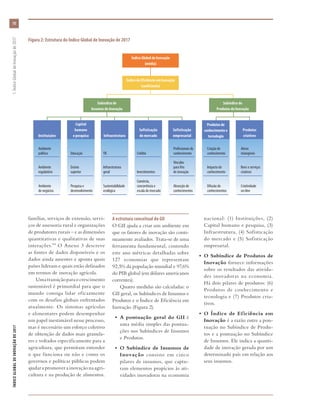 famílias, serviços de extensão, servi-
ços de assessoria rural e organizações
de produtores rurais – e as dimensões
quantitativas e qualitativas de suas
interações.34 O Anexo 3 descreve
as fontes de dados disponíveis e os
dados ainda ausentes e aponta quais
países lideram e quais estão defasados
em termos de inovação agrícola.
Umatransiçãoparaocrescimento
sustentável é primordial para que o
mundo consiga lidar eficazmente
com os desafios globais enfrentados
atualmente. Os sistemas agrícolas
e alimentares podem desempenhar
um papel inestimável nesse processo,
mas é necessário um esforço coletivo
de obtenção de dados mais granula-
res e voltados especificamente para a
agricultura, que permitam entender
o que funciona ou não e como os
governos e políticas públicas podem
ajudar a promover a inovação na agri-
cultura e na produção de alimentos.
A estrutura conceitual do GII
O GII ajuda a criar um ambiente em
que os fatores de inovação são conti-
nuamente avaliados. Trata-se de uma
ferramenta fundamental, contendo
este ano métricas detalhadas sobre
127 economias que representam
92,5% da população mundial e 97,6%
do PIB global (em dólares americanos
correntes).
Quatro medidas são calculadas: o
GII geral, os Subíndices de Insumos e
Produtos e o Índice de Eficiência em
Inovação (Figura 2).
•	 A pontuação geral do GII é
uma média simples das pontua-
ções nos Subíndices de Insumos
e Produtos.
•	 O Subíndice de Insumos de
Inovação consiste em cinco
pilares de insumos, que captu-
ram elementos propícios às ati-
vidades inovadoras na economia
nacional: (1) Instituições, (2)
Capital humano e pesquisa, (3)
Infraestrutura, (4) Sofisticação
do mercado e (5) Sofisticação
empresarial.
•	 O Subíndice de Produtos de
Inovação fornece informações
sobre os resultados das ativida-
des inovadoras na economia.
Há dois pilares de produtos: (6)
Produtos de conhecimento e
tecnologia e (7) Produtos cria-
tivos.
•	 O Índice de Eficiência em
Inovação é a razão entre a pon-
tuação no Subíndice de Produ-
tos e a pontuação no Subíndice
de Insumos. Ele indica a quanti-
dade de inovação gerada por um
determinado país em relação aos
seus insumos.
Figura 2: Estrutura do Índice Global de Inovação de 2017
Índice Global de Inovação
(média)
Índice de Eficiência em Inovação
(coeficiente)
Subíndice de
Insumos de Inovação
Subíndice de
Produtos de Inovação
Instituições
Capital
humano
e pesquisa Infraestrutura
Sofisticação
do mercado
Sofisticação
empresarial
Produtos
criativos
Produtos de
conhecimento e
tecnologia
Criação de
conhecimento
Ambiente
político Educação TIC Crédito
Profissionais do
conhecimento
Ativos
intangíveis
Impacto do
conhecimento
Difusão de
conhecimentos
Ambiente
regulatório
Ambiente
de negócios
Ensino
superior
Pesquisa e
desenvolvimento
Infraestrutura
geral
Sustentabilidade
ecológica
Investimentos
Comércio,
concorrência e
escala do mercado
Vínculos
para fins
de inovação
Absorção de
conhecimentos
Bens e serviços
criativos
Criatividade
on-line
ÍNDICEGLOBALDEINOVAÇÃODE2017	1:ÍndiceGlobaldeInovaçãode2017
10
 