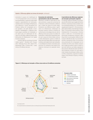 Figura 4.1: Diferenças em inovação: a China cresce entre as 25 melhores economias
Fonte: Dados do GII 2017.
Obs.: Os países/economias são classificados de acordo com a Classificação de Grupos de Renda do Banco Mundial (julho de 2016).
Produtos
criativos
Produtos de
conhecimento
e tecnologia
Sofisticação empresarial Sofisticação do mercado
Infraestrutura
Capital humano
e pesquisa
Instituições
25
50
75
100
Pontuações médias
  10 melhores (renda elevada)
  11–25 (renda elevada, mais China)
  Outras economias de renda elevada
  Renda média superior
  Renda média inferior
  Renda baixa
Quadro 4: Diferenças globais em termos de inovação (continuação)
economias no grupo com classificação da
11ª à 25ª posição (bem como as economias
de renda elevada) e o grupo de renda média
superior, especialmente em Instituições,
Capital humano e tecnologia e Infraestrutura;
essa diferença é menos perceptível em
Produtos criativos. Em comparação com o
ano passado, e em parte devido a consi-
derações metodológicas, a diferença entre
esses grupos aumentou em Instituições e,
em menor grau, em Sofisticação do mer-
cado. Por outro lado, a diferença parece estar
diminuindo em Infraestrutura e em Capital
humano e pesquisa.
Somente algumas economias de renda
média superior – Romênia (42ª), Turquia
(43ª), Federação Russa (45ª), Vietnã (47ª),
Montenegro (48ª) e Ucrânia (50ª) – estão
entre as 50 melhores este ano.
Economias de renda baixa
aproximando-se das de renda média
Mantendo a tendência observada em edi-
ções anteriores, o grupo de economias de
renda baixa continua estreitando a distância
que o separa do grupo de renda média.
Entretanto, essa diferença ainda é signifi-
cativa em Infraestrutura, Sofisticação do
mercado, Produtos criativos e Produtos de
conhecimento e tecnologia. Este ano, não há
diferença entre esses grupos nos pilares de
Instituições e Sofisticação empresarial, áreas
em que o grupo de renda média continua
a exibir desempenho superior à média do
grupo de renda média inferior. Isso indica que
os esforços de fortalecimento das instituições
e consolidação dos fatores necessários para
promover um ambiente mais propício aos
negócios continuam em expansão nesses
países.
A persistência das diferenças regionais
em inovação: pontuações regionais
Os rankings regionais baseados nas pontua-
ções do GII mostram que a região da América
do Norte, composta por EUA e Canadá, conti-
nua na primeira posição (57,5; 2 economias),
seguida pela Europa (47,1; 39 economias) e
pelo Sudeste Asiático, Ásia Oriental e Oceania
(44,0; 15 economias). Norte da África e Ásia
Ocidental (34,3; 19 economias) e América
Latina e Caribe (31,7; 18 economias) têm
pontuações semelhantes, enquanto a dife-
rença entre as pontuações médias da Ásia
Central e Meridional (28,5; 9 economias) e
da África Subsaariana (24,8; 25 economias)
está aumentando. Em comparação com os
resultados de 2016, essas médias mostram
que a região da América Latina e Caribe é a
que mais melhorou sua média, seguida por
Ásia Central e Meridional, Norte da África e
Ásia Ocidental e Europa. Por outro lado, a
maior redução da pontuação média ocorreu
na África Subsaariana, seguida de Sudeste
Asiático, Ásia Oriental e Oceania, e América
do Norte.
23
ÍNDICEGLOBALDEINOVAÇÃODE2017	1:ÍndiceGlobaldeInovaçãode2017
 