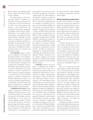 Baixos, Suécia, Luxemburgo, EUA,
Reino Unido, Alemanha, Irlanda,
Coreia e Islândia.
Em termos gerais, as 10 econo-
mias que lideram o Subíndice de
Produtos de Inovação permanecem
consistentes com suas classificações
em 2016, com várias mudanças de
posição e uma substituição: três
economias avançaram no grupo das
10 melhores (Países Baixos, EUA e
Alemanha) e cinco perderam posi-
ções (Suécia, Luxemburgo, Reino
Unido, Irlanda e Islândia). A Coreia
ingressa no grupo das 10 melhores
economias no lado dos produtos e a
Finlândia sai desse grupo em 2017.
Sete dessas economias estão classifi-
cadas entre as 10 melhores no GII; os
perfis das outras três economias são
discutidos a seguir.
Luxemburgo ocupa a 4ª posi-
ção no Subíndice de Produtos de
Inovação em 2017 e a 4ª no GII geral.
No lado da produção, Luxemburgo
perde quatro posições em Produtos
de conhecimento e tecnologia (15ª)
e ganha uma em Produtos criativos.
Nessepilar,opaísmantémcomopon-
tos fortes as exportações de serviços
culturais e criativos, a produção de
filmes nacionais de longa metragem
e os domínios de alto nível (TLD)
genéricos, e melhora em desenhos ou
modelos industriais por origem e em
criação de modelos organizacionais.
Luxemburgo também mantém sua
posição de liderança no ranking do
Índice de Eficiência em Inovação.
A República da Coreia (Coreia)
atinge a 9ª posição no Subíndice de
Produtos de Inovação este ano, avan-
çando duas posições. A Coreia ganha
seis posições em Produtos criativos,
classificando-se em 15º lugar este
ano. Ela melhora em Bens e serviços
criativos (35ª posição) e mantém o
primeirolugaremdesenhosoumode-
los industriais por origem. Embora
perca uma posição em Produtos de
conhecimento e tecnologia (6ª), o
país progride em uma de suas áreas
de melhor desempenho, Criação de
conhecimento (2ª), onde mantém as
classificações máximas em patentes
por origem e pedidos de patente via
PCT e avança para a melhor posição
em modelos de utilidade por ori-
gem. A Coreia também melhora sua
classificação em Capital humano e
pesquisa (2º lugar), em que ocupa o
1º lugar em P&D. Apesar da perda
de uma posição em gastos brutos em
P&D, a Coreia consegue manter sua
2ª posição em gastos brutos em P&D
(GERD) realizados por empresas e
sua 3ª posição em GERD financiados
por empresas. Os pontos relativa-
mente fracos do país incluem, no lado
dos produtos, exportações de serviços
de TIC e produtos de impressão e
publicação; e, no lado dos insumos,
mobilidade de estudantes do ensino
superior, PIB por unidade de uso
de energia, emprego em serviços
intensivos em conhecimento e fluxos
líquidos de entrada de investimentos
externos diretos.
A Islândia classifica-se em 10º
lugar no Subíndice de Produtos
de Inovação em 2017. Este ano, a
Islândia ganha quatro posições em
Produtos de conhecimento e tecno-
logia (18ª) e atinge o segundo lugar
em Produtos criativos. O país man-
tém a liderança em Bens e serviços
criativos e em Criatividade on-line,
classificando-se em primeiro lugar
em três indicadores desses subpilares:
filmes nacionais de longa metragem,
produtos de impressão e publicação e
domínios de alto nível (TLD) gené-
ricos. A Islândia avança nos rankings
de Criação de conhecimento (13ª
posição) e Difusão de conhecimentos
(21ª), obtendo a 1ª posição em artigos
técnicos e científicos e melhorando
em pedidos de patente via PCT, taxa
de crescimento do PIB por trabalha-
dor, certificados de qualidade ISO
9001, valores recebidos por uso de
propriedade intelectual, exportações
de serviços de TIC e fluxos líquidos
de saída de investimentos externos
diretos (IED).
Melhores desempenhos por grupo de renda
A análise das economias em compa-
ração com seus pares nos respectivos
grupos de renda pode ilustrar as van-
tagens competitivas relativas e ajudar
os tomadores de decisões a extrair
lições importantes para melhorar o
desempenho, aplicáveis diretamente
nas áreas relevantes. O GII tam-
bém avalia os resultados em relação
ao estágio de desenvolvimento dos
países.
A Tabela 4 mostra as 10 econo-
mias melhor classificadas em cada
índice por grupo de renda. Suíça,
Suécia e Países Baixos estão entre
as 10 melhores economias de renda
elevada nos três índices principais e
entre as três melhores no Subíndice
de Produtos de Inovação. Em com-
paração com o ano passado, Hungria
e Estônia deixam o grupo e abrem
espaço para a República Tcheca e a
Coreia.
Entre as 10 economias de renda
média superior melhor classificadas,
nove já estavam presentes em 2016
(veja também o Quadro 4): China
(22ª posição este ano), Bulgária (36ª),
Malásia (37ª), Romênia (42ª), Turquia
(43ª), Montenegro (48ª), Tailândia
(51ª), Costa Rica (53ª) e África do
Sul (57ª). A recém-chegada a esse
grupo das 10 melhores economias de
renda média superior é a Federação
Russa (45ª posição), que substitui as
Ilhas Maurício (64ª). China, Malásia,
Bulgária e Romênia estão entre as 10
economias de renda média superior
com melhor classificação nos três
índices principais e no Índice de
Eficiência em Inovação.
A repetição da análise com os paí-
ses de renda média inferior mostra que
oito dos 10 melhores de 2016 perma-
necem no grupo dos 10 melhores este
ano: Vietnã (47ª posição), Ucrânia
ÍNDICEGLOBALDEINOVAÇÃODE2017	1:ÍndiceGlobaldeInovaçãode2017
26
 