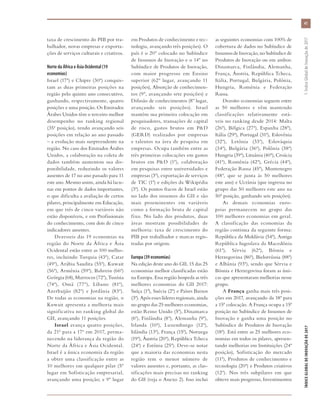 taxa de crescimento do PIB por tra-
balhador, novas empresas e exporta-
ções de serviços culturais e criativos.
Norte da África e Ásia Ocidental (19
economias)
Israel (17ª) e Chipre (30ª) conquis-
tam as duas primeiras posições na
região pelo quinto ano consecutivo,
ganhando, respectivamente, quatro
posições e uma posição. Os Emirados
Árabes Unidos têm o terceiro melhor
desempenho no ranking regional
(35ª posição), tendo avançando seis
posições em relação ao ano passado
– a evolução mais surpreendente na
região. No caso dos Emirados Árabes
Unidos, a colaboração na coleta de
dados também aumentou sua dis-
ponibilidade, reduzindo os valores
ausentes de 17 no ano passado para 11
este ano. Mesmo assim, ainda há lacu-
nas em pontos de dados importantes,
o que dificulta a avaliação de certos
pilares, principalmente em Educação,
em que três de cinco variáveis não
estão disponíveis, e em Profissionais
do conhecimento, com dois de cinco
indicadores ausentes.
Dezesseis das 19 economias na
região do Norte da África e Ásia
Ocidental estão entre as 100 melho-
res, incluindo Turquia (43ª), Catar
(49ª), Arábia Saudita (55ª), Kuwait
(56ª), Armênia (59ª), Bahrein (66ª)
Geórgia(68),Marrocos(72ª),Tunísia
(74ª), Omã (77º), Líbano (81ª),
Azerbaijão (82ª) e Jordânia (83ª).
De todas as economias na região, o
Kuwait apresenta a melhoria mais
significativa no ranking global do
GII, avançando 11 posições.
Israel avança quatro posições,
da 21ª para a 17ª em 2017, perma-
necendo na liderança da região do
Norte da África e Ásia Ocidental.
Israel é a única economia da região
a obter uma classificação entre as
10 melhores em qualquer pilar (5º
lugar em Sofisticação empresarial,
avançando uma posição; e 9º lugar
em Produtos de conhecimento e tec-
nologia, avançando três posições). O
país é o 20º colocado no Subíndice
de Insumos de Inovação e o 14º no
Subíndice de Produtos de Inovação,
com maior progresso em Ensino
superior (62º lugar, avançando 11
posições), Absorção de conhecimen-
tos (9º, avançando sete posições) e
Difusão de conhecimentos (8º lugar,
avançando seis posições). Israel
mantém sua primeira colocação em
pesquisadores, transações de capital
de risco, gastos brutos em P&D
(GERD) realizados por empresas
e talentos na área de pesquisa em
empresas. Ocupa também entre as
três primeiras colocações em gastos
brutos em P&D (1ª), colaboração
em pesquisas entre universidades e
empresas (3ª), exportação de serviços
de TIC (1ª) e edições da Wikipédia
(3ª). Os pontos fracos de Israel estão
no lado dos insumos do GII e são
mais proeminentes em variáveis
como a formação bruta de capital
fixo. No lado dos produtos, duas
áreas mostram possibilidades de
melhoria: taxa de crescimento do
PIB por trabalhador e marcas regis-
tradas por origem.
Europa (39 economias)
Na edição deste ano do GII, 15 das 25
economias melhor classificadas estão
na Europa. Essa região hospeda as três
melhores economias do GII 2017:
Suíça (1ª), Suécia (2ª) e Países Baixos
(3ª). Após esses líderes regionais, ainda
no grupo das 25 melhores economias,
estão Reino Unido (5ª), Dinamarca
(6ª), Finlândia (8ª), Alemanha (9ª),
Irlanda (10ª), Luxemburgo (12ª),
Islândia (13ª), França (15ª), Noruega
(19ª), Áustria (20ª), República Tcheca
(24ª) e Estônia (25ª). Deve-se notar
que a maioria das economias nesta
região tem o menor número de
valores ausentes e, portanto, as clas-
sificações mais precisas no ranking
do GII (veja o Anexo 2). Isso inclui
as seguintes economias com 100% de
cobertura de dados no Subíndice de
InsumosdeInovação,noSubíndicede
Produtos de Inovação ou em ambos:
Dinamarca, Finlândia, Alemanha,
França, Áustria, República Tcheca,
Itália, Portugal, Bulgária, Polônia,
Hungria, Romênia e Federação
Russa.
Dezoito economias seguem entre
as 50 melhores e vêm mantendo
classificações relativamente está-
veis no ranking desde 2014: Malta
(26ª), Bélgica (27ª), Espanha (28ª),
Itália (29ª), Portugal (31ª), Eslovênia
(32ª), Letônia (33ª), Eslováquia
(34ª), Bulgária (36ª), Polônia (38ª)
Hungria (39ª), Lituânia (40ª), Croácia
(41ª), Romênia (42ª), Grécia (44ª),
Federação Russa (45ª), Montenegro
(48ª, que se junta às 50 melhores
este ano) e Ucrânia (que ingressa no
grupo das 50 melhores este ano na
50ª posição, ganhando seis posições).
As demais economias euro-
peias permanecem no grupo das
100 melhores economias em geral.
A classificação das economias da
região continua da seguinte forma:
República da Moldávia (54ª), Antiga
República Iugoslava da Macedônia
(61ª), Sérvia (62ª), Bósnia e
Herzegovina (86ª), Bielorrússia (88ª)
e Albânia (93ª), sendo que Sérvia e
Bósnia e Herzegovina foram as úni-
cas que apresentaram melhorias nesse
grupo.
A França ganha mais três posi-
ções em 2017, avançando da 18ª para
a 15ª colocação. A França ocupa a 15ª
posição no Subíndice de Insumos de
Inovação e ganha uma posição no
Subíndice de Produtos de Inovação
(18ª). Está entre as 25 melhores eco-
nomias em todos os pilares, apresen-
tando melhorias em Instituições (24ª
posição), Sofisticação do mercado
(11ª), Produtos de conhecimento e
tecnologia (20ª) e Produtos criativos
(12ª). Nos três subpilares em que
obteve mais progresso, Investimentos
41
ÍNDICEGLOBALDEINOVAÇÃODE2017	1:ÍndiceGlobaldeInovaçãode2017
 