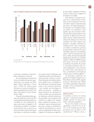 economias emergentes, Argentina,
Índia e Indonésia se destacam.
As cinco principais economias em
termos de pedidos de patentes agro-
alimentares por origem são EUA,
Japão, China, Alemanha e Coreia
(veja a Tabela 12). Outros países
relevantes em termos de pedidos de
patentes agroalimentares via PCT são
Suíça, Países Baixos, Reino Unido,
França e Itália.
Os ganhos de produtividade agrí-
cola mais significativos do século XX
foram proporcionados pelas primeiras
variedades de alto rendimento de
trigo e arroz (veja os Capítulos 3 e 10
do relatório em inglês). A revolução
verde permitiu que economias em
desenvolvimento importassem grãos
mais baratos e cultivassem variedades
de sementes de alto rendimento, que
respondiam melhor aos fertilizantes e
eram resistentes a doenças e insetos.
Ainda há ganhos de produtividade a
serem obtidos com as variedades de
alto rendimento. Em primeiro lugar,
espera-se que inovações adicionais
– por exemplo, nas tecnologias de
edição de genoma – estimulem o
desenvolvimento de variedades de
cultivo inéditas que não poderiam
ser obtidas por métodos tradicionais
de reprodução (veja o Capítulo 8 do
relatório em inglês). Em segundo
lugar, a difusão de sementes e novas
variedades vegetais ainda pode pro-
porcionar vantagens consideráveis,
conforme demonstrado nos casos de
cultivo do algodão Bt na Índia (veja o
Capítulo 5 do relatório em inglês) ou
de soja, milho e algodão na América
Latina e Caribe (veja o Capítulo 10
do relatório em inglês).
Não obstante, as pesquisas mos-
tram que os conhecimentos acumu-
lados no desenvolvimento de novas
variedades vegetais frequentemente
são tácitos e de difícil apropriação.21
As inovações em variedades de plan-
tas tendem a ser cumulativas, o que
significa que são necessários conhe-
cimentos prévios para produzir novas
inovações. A adoção de novas varie-
dades vegetais também depende de
esforços de adaptação das inovações
realizados em outros lugares para
produzir variedades adequadas às
condições locais.22 Essas característi-
cas tendem a transformar a proteção
da propriedade intelectual de novas
variedades vegetais em um problema
crítico. Cada vez mais países de renda
baixa, média e elevada estão adotando
legislações de proteção de variedades
vegetais.23 Dados da OMPI mostram
que, desde o início dos anos 2000,
os depósitos de pedidos de patente
de variedades de plantas vêm cres-
cendo rapidamente, com economias
de renda média, especialmente na
Ásia, contribuindo com frequência
crescente para os números globais.24
Os principais requerentes de
patentes de variedades vegetais são os
Países Baixos, China e EUA, seguidos
de França e Alemanha (veja a Tabela
13). Outros participantes importantes
são Japão, Coreia, Federação Russa,
Ucrânia e Austrália.
Produtos criativos
Os produtos criativos de sistemas
agrícolas e alimentares podem ser
medidos com base em marcas regis-
tradas e indicações geográficas.
No que diz respeito às marcas
registradas, as classes 29, 30, 31, 32,
33 e 43 da Classificação de Nice
geralmente são associadas ao setor
agroalimentar.25 Mesmo assim, a
0
5
10
15
20
25
Saúde
Vestuário
Vestuário
Serviçoscomerciaiseempresariais
Vestuário
Pesquisaetecnologia
Serviçoscomerciaiseempresariais
Vestuário
Saúde
Pesquisaetecnologia
Pesquisaetecnologia
Vestuário
China Coreia, Rep. da. Turquia Itália Federação Russa Índia
Agricultura
Agricultura
Agricultura
Agricultura
Agricultura
Agricultura
Percentualdepedidosderegistrodemarcaregistrados
Fonte de dados: OMPI, 2016.
Obs.: Os dados referem-se a 2015. Os três principais setores e as três principais origens foram selecionados com base nos totais de 2015.
Figura 2: Pedidos de registro de marca: Três principais setores por país de origem
67
ÍNDICEGLOBALDEINOVAÇÃODE2017	Anexo3:Mensurandoainovaçãoemsistemasagrícolasealimentares
 