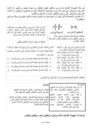 ‫طفحخ‬7ِٓ9
‫اٌٙغ‬ ‫حبٌخ‬ ٟ‫ف‬ٛ‫ٚس‬ ٓ١‫طفز‬ ‫ح١ش‬ ِٓ ْ‫رخزٍفب‬ ٓ١‫ٔم١ز‬ ٓ١‫عالٌز‬ ٓ١‫ث‬ ‫ٔضاٚط‬ ‫اٌضٕبئ١خ‬ ‫ٔخ‬‫إرا‬ .ٓ١‫اص١ز‬‫وبٔذ‬
ٓ١‫ِشرجطز‬ ٓ١‫اٌظفز‬ ْ‫إ‬ ‫ٔمٛي‬ ،‫اٌّزّبصٍخ‬ ‫اٌظجغ١بد‬ ِٓ ‫اٌضٚط‬ ‫ٔفظ‬ ٍٝ‫ػ‬ ْ‫ِحٌّٛزب‬ ْ‫اٌّٛسصزب‬‫وبٔذ‬ ‫ٚإرا‬ .
‫ِحٌّٛز‬ ْ‫اٌّٛسصزب‬١‫ِغزمٍز‬ ٓ١‫اٌظفز‬ ْ‫إ‬ ‫ٔمٛي‬ ،ٓ١‫ِخزٍف‬ ٓ١‫صٚع‬ ٍٝ‫ػ‬ ٓ‫ب‬.ْ
ٌ‫حب‬ ٟ‫ف‬ ٓ١‫ٔم١ز‬ ٓ١‫عالٌز‬ ‫ِضاٚعخ‬ ‫ٔزبئظ‬ ِٓ ‫ٔغزخشعٙب‬ ْ‫أ‬ ٓ‫٠ّى‬ ٟ‫اٌز‬ ‫اإلحظبئ١خ‬ ٓ١ٔ‫اٌمٛا‬ ‫ِب‬ *ٓ١‫ِٛسصز‬ ‫خ‬
‫؟‬ ٓ١‫ِغزمٍز‬
‫األٚي‬ ‫اٌزضاٚط‬‫ٔض‬ :‫ا‬،ً‫اٌخ‬ ‫رثبثخ‬ ِٓ ٓ١‫ٔم١ز‬ ٓ١‫عالٌز‬ ٓ١‫ث‬ ‫ٚط‬
ٜ‫ٚاألخش‬ ،ٞ‫سِبد‬ ُ‫عغ‬ ٌْٛٚ ‫ػبد٠خ‬ ‫ثأعٕحخ‬ ‫إحذاّ٘ب‬
ُ‫عغ‬ ٌْٛٚ ‫أصش٠خ‬ ‫ثأعٕحخ‬ٟ‫أثٕٛع‬ٟ‫ف‬ ً‫ٔحظ‬ .F1ٍٝ‫ػ‬
.ٞ‫سِبد‬ ُ‫عغ‬ ٌْٛٚ ‫ػبد٠خ‬ ‫ثأعٕحخ‬ ٖ‫أفشاد‬ ً‫و‬ ً١‫ع‬
‫اٌٛص١مخ‬1‫ح‬ ٟ‫ف‬ ٟ‫اٌٛساص‬ ‫إٌّظ‬ ً١‫رّض‬ ‫طش٠مخ‬ :‫بٌخ‬
‫حبٌخ‬ ‫ِضبي‬ .‫ثبٌغٕظ‬ ٓ١‫ِشرجطز‬ ‫ٚغ١ش‬ ٓ١‫ِغزمٍز‬ ٓ١‫ِٛسصز‬
.ْ‫االلزشا‬ ‫اخزالف‬‫اٌٛص١مخ‬2ٓ١‫إٌم١ز‬ ٓ١‫اٌغالٌز‬ ‫ِضاٚعخ‬ ‫ٔز١غخ‬ :
:ٟٔ‫اٌضب‬ ‫اٌزضاٚط‬‫أفشاد‬ ٓ١‫ث‬ ‫ٔضاٚط‬F1‫ف١ّب‬
ً١‫ع‬ ٍٝ‫ػ‬ ً‫ٚٔحظ‬ ‫ث١ٕٙب‬F2:ِٓ ْٛ‫٠زى‬
1458‫ػبد٠خ‬ ‫ثأعٕحخ‬ ً‫خ‬ ‫رثبثخ‬
ٞ‫(أ‬ ٞ‫سِبد‬ ُ‫عغ‬ ٌْٛٚ… %.)
152ً‫خ‬ ‫رثبثخ‬‫ثأعٕحخ‬‫أصش٠خ‬
ُ‫عغ‬ ٌْٟٛٚ‫أثٕٛع‬ٞ‫(أ‬… %.)
458‫ػبد٠خ‬ ‫ثأعٕحخ‬ ً‫خ‬ ‫رثبثخ‬
ُ‫عغ‬ ٌْٟٛٚ‫أثٕٛع‬ٞ‫(أ‬… %.)
453‫ثأعٕحخ‬ ً‫خ‬ ‫رثبثخ‬‫أصش٠خ‬
ٞ‫(أ‬ ٞ‫سِبد‬ ُ‫عغ‬ ٌْٛٚ… %.)
ً١‫اٌغ‬ ‫أفشاد‬ ٓ١‫ث‬ ‫ٔضاٚط‬ :ٞ‫االخزجبس‬ ‫اٌزضاٚط‬ ،‫اٌضبٌش‬ ‫اٌزضاٚط‬F1‫ٚأفشاد‬
‫إٌم١خ‬ ‫اٌغالٌخ‬‫األثٛ٠خ‬‫األعٕحخ‬ ‫راد‬‫األصش٠خ‬‫ٚا‬ًٌٍْٛ‫فٕحظ‬ ،ٟ‫األثٕٛع‬
ً١‫ع‬ ٍٝ‫ػ‬F’2:ِٓ ْٛ‫٠زى‬
228ٞ‫(أ‬ ٞ‫سِبد‬ ُ‫عغ‬ ٌْٛٚ ‫ػبد٠خ‬ ‫ثأعٕحخ‬ ً‫خ‬ ‫رثبثخ‬… %.)
243ٞ‫(أ‬ ٟ‫أثٕٛع‬ ُ‫عغ‬ ٌْٛٚ ‫أصش٠خ‬ ‫ثأعٕحخ‬ ً‫خ‬ ‫رثبثخ‬… %.)
233ٞ‫أثٕٛعٟ(أ‬ ُ‫عغ‬ ٌْٛٚ ‫ػبد٠خ‬ ‫ثأعٕحخ‬ ً‫خ‬ ‫رثبثخ‬… %.)
235ٞ‫(أ‬ ٞ‫سِبد‬ ُ‫عغ‬ ٌْٛٚ ‫أصش٠خ‬ ‫ثأعٕحخ‬ ً‫خ‬ ‫رثبثخ‬… %.)
‫اٌٛص‬‫١مخ‬3( ‫ٌزضاٚط‬ ‫اإلحظبئ١خ‬ ‫إٌزبئظ‬ :F1×F1.ٞ‫االخزجبس‬ ‫ٚاٌزضاٚط‬ )
‫اإل‬:‫ٔغبصاد‬
1-ٓ١ٍ١ٍ‫اٌح‬ ‫حذد‬ ‫األٚي‬ ‫اٌزضاٚط‬ ‫ٔز١غخ‬ ‫خالي‬ ِٓ
‫ٌّٙب‬ ‫ٚاخزش‬ ،ٓ١١‫اٌّزٕح‬ ٓ١ٍ١ٍ‫ٚاٌح‬ ٓ٠‫اٌغبئذ‬
.‫ِالئّخ‬ ‫سِٛصا‬
2-‫اٌزخٍ١ظ‬ ‫ظب٘شح‬ ‫االػزجبس‬ ٓ١‫ثؼ‬ ‫آخزا‬
ٟ‫اٌظجغ‬ ً٠ٚ‫اٌزأ‬ ‫أٔغض‬ ،ٟ‫اٌج١ظجغ‬
ْ‫أ‬ ‫ػٍّب‬ ،‫اٌضالس‬ ‫ٌٍزضاٚعبد‬ٓ١‫اٌظفز‬
.‫ثبٌغٕظ‬ ٓ١‫ِشرجطز‬ ‫ٚغ١ش‬ ٓ١‫ِغزمٍز‬
3-ْ‫٠ّٙب‬ ٓ١١‫إحظبئ‬ ٓ١ٔٛٔ‫لب‬ ‫اعزخشط‬
.‫ٚاٌضبٌش‬ ٟٔ‫اٌضب‬ ٓ١‫اٌزضاٚع‬
:‫حعارٌف‬
‫أثٛ٠خ‬ ‫خبسع١خ‬ ‫ِظب٘ش‬:‫اٌّظٙش‬ ٗ‫رشج‬ ‫خبسع١خ‬ ‫ِظب٘ش‬
( ٓ١‫األطٍ١ز‬ ٓ١‫إٌم١ز‬ ٓ١‫اٌغالٌز‬ ٜ‫إلحذ‬ ٟ‫اٌخبسع‬P.)
‫اٌزشو١ت‬ ‫عذ٠ذح‬ ‫خبسع١خ‬ ‫ِظب٘ش‬:‫ِخ‬ ‫ِظب٘ش‬‫اٌّظب٘ش‬ ٓ‫ػ‬ ‫زٍفخ‬
‫األث‬ٜ‫إحذ‬ ‫اٌخٍف‬ ٗ‫(٠شج‬ ‫رشو١جٙب‬ ‫إػبدح‬ ٓ‫ػ‬ ‫ٔبرغخ‬ ‫ٌىٕٙب‬ .‫ٛ٠خ‬
ٜ‫األخش‬ ‫ٚاٌغالٌخ‬ ٓ١‫اٌظفز‬ ٜ‫إحذ‬ ‫٠خض‬ ‫ِب‬ ٟ‫ف‬ ٓ١‫اٌغالٌز‬
)‫اٌضبٔ١خ‬ ‫ٌٍظفخ‬ ‫ثبٌٕغجخ‬
‫الىحذة‬5.‫بالجىس‬ ‫مرحبطخٍه‬ ‫وغٍر‬ ‫مرحبطخٍه‬ ‫مىرثخٍه‬ ‫حالت‬ :‫الثىائٍت‬ ‫الهجىوت‬ :
 