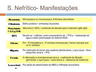 S. Nefrítico- Manifestações
Hematúria Microscópica ou macroscópica; Eritrócitos dismórficos
Cilindrúria Matriz proteica + eritrócitos/ leucócitos
Proteinúria
< 3.5 g/24h
Albumina (> 50%) + proteínas de elevado peso molecular (IgM, IgG)
HTA Devido ao ↑volémia, como consequência da ↓TFG e ↑reabsorção de
água e sódio (estimulação do sistema RAA)
Edema Por ↑P hidrostática e ↓P oncótica intravascular; menos marcado que
no S. nefrótico
Oligúria Por obstrução do lúmen dos capilares glomerulares, o que causa ↓fluxo
sanguíneo renal e ↓TFG
Urémia A inflamação a nível glomerular leva a ↓coeficiente de filtração
glomerular, o que causa ↑ureia sérica e ↓clearance de creatinina
Leucocitúri
a
Por perda de selectividade da MBG e infiltração leucocitária
 