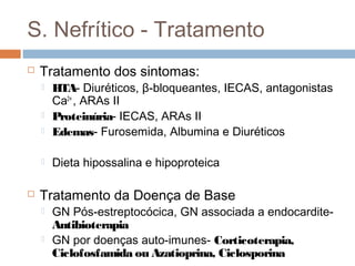 S. Nefrítico - Tratamento
 Tratamento dos sintomas:
 HTA- Diuréticos, β-bloqueantes, IECAS, antagonistas
Ca2+
, ARAs II
 Proteinúria- IECAS, ARAs II
 Edemas- Furosemida, Albumina e Diuréticos
 Dieta hipossalina e hipoproteica
 Tratamento da Doença de Base
 GN Pós-estreptocócica, GN associada a endocardite-
Antibioterapia
 GN por doenças auto-imunes- Corticoterapia,
Ciclofosfamida ou Azatioprina, Ciclosporina
 