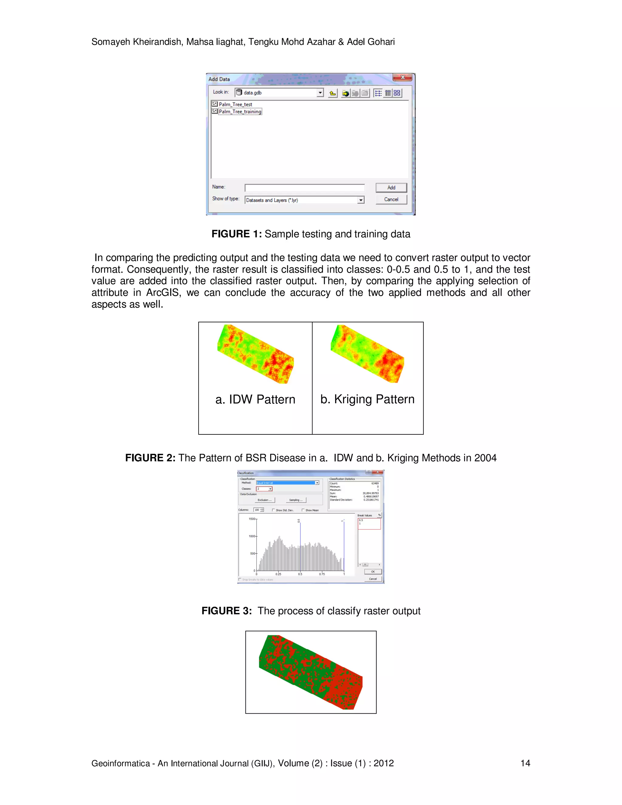 Somayeh Kheirandish, Mahsa liaghat, Tengku Mohd Azahar & Adel Gohari
Geoinformatica - An International Journal (GIIJ), Volume (2) : Issue (1) : 2012 14
FIGURE 1: Sample testing and training data
In comparing the predicting output and the testing data we need to convert raster output to vector
format. Consequently, the raster result is classified into classes: 0-0.5 and 0.5 to 1, and the test
value are added into the classified raster output. Then, by comparing the applying selection of
attribute in ArcGIS, we can conclude the accuracy of the two applied methods and all other
aspects as well.
a. IDW Pattern b. Kriging Pattern
FIGURE 2: The Pattern of BSR Disease in a. IDW and b. Kriging Methods in 2004
FIGURE 3: The process of classify raster output
 