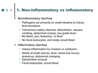 1. Non-inflammatory vs inflammatory Noninflammatory diarrhea Pathogens act primarily on small intestine to induce fluid secretions Voluminous watery diarrhea, dehydration, nausea, vomiting, abdominal cramps, low grade fever No blood, pus, tenesmus, or fever No fecal leukocytes, and rarely occult blood Inflammatory diarrhea Induce inflammation by invasion or cytotoxins Stools of small volume, fever, blood and mucus, tenesmus, abdominal cramping Dehydration unusual Fecal leukocytes, occult blood 