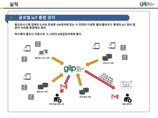 글로벌 IoT 통합 관리
실적
홈오토시스템 업체인 C사의 전세계 120개국에 있는 수 만대의 다양한 물리/클라우드 환경의 IoT 장비 및
관리 서버를 중앙에서 제어
하드웨어 폴트시 자동으로 그 나라의 A/S담당자에게 통지
국내 IoT 서버
해외 IoT 서버
클라우드 IoT 서버
국내 관리 서버
지역 담당 엔지니어 중앙 관리자
 