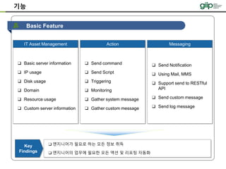 Basic Feature
기능
❑ 엔지니어가 필요로 하는 모든 정보 취득
❑ 엔지니어의 업무에 필요한 모든 액션 및 리포팅 자동화
Key
Findings
IT Asset Management Action
❑ Basic server information
❑ IP usage
❑ Disk usage
❑ Domain
❑ Resource usage
❑ Custom server information
❑ Send command
❑ Send Script
❑ Triggering
❑ Monitoring
❑ Gather system message
❑ Gather custom message
Messaging
❑ Send Notification
❑ Using Mail, MMS
❑ Support send to RESTful
API
❑ Send custom message
❑ Send log message
 