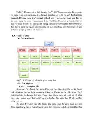 Từ 2009 đến nay: với s
trị mạng và an ninh mạng quố
của mình. Đến nay, trung tâm Athena đ
an ninh mạng và quản trịm
của rất nhiều công ty, tổ chứ
đào tạo và cung cấp nguồn nhân l
phần vào sự nghiệp tin học hóa nư
1.3. Cơ cấu tổ chức
1.3.1. Sơ đồ tổ chức:
Sơ đồ 1.1. Tổ chức bộ máy qu
1.3.2. Các bộ phận.
1.3.2.1. Ban giám đ
Giám đốc: Chỉ đạo các b
phát triển theo lĩnh vực được phân công. Ki
chức thực hiện chỉ đạo của lãnh
thực hiện những chiến lượ
trong công ty
Phó giám đốc: Giúp vi
động của công ty theo sự phân công c
Hành chính
kinh doanh
Quản lí
Tư vấn
An ninh
Hậu cần
Quản lí sản
phẩm
Thiết kế
Web admin
Nghiên cứu
triển khai
i sự lãnh đạo của ông Võ Đỗ Thắng, trung tâm đào t
ốc tế Athena đã dần phục hồi và trở lại quỹ
n nay, trung tâm Athena đã trởthành một trong những trung tâm đào t
mạng quốc tế tại Việt Nam. Cùng với sự
ức doanh nghiệp và Nhà nước, trung tâm đ
n nhân lực đáng tin cậy, từng bước thực hiệ
c hóa nước nhà.
c:
máy quản lý của trung tâm
n giám đốc:
o các bộ phận phòng ban thực hiện các nhiệm v
c phân công. Kiểm tra, đôn đốc các bộ phậ
a lãnh đạo Trung tâm; tham mưu, đề xuấ
ợc mới Trực tiếp chỉ đạo, điều hành, theo dõi các b
c: Giúp việc cho Giám đốc trong quản lý điều hành các ho
phân công của Giám đốc; Chủ động và tích cực
BAN GIÁM
ĐỐC
Quản lí sản
Thiết kế
Web admin
Nghiên cứu-
triển khai
Tài chính kế
toán
Thu ngân
Kiểm toán
Nhân sự- Đào
tạo
Giảng viên
Hỗ trợ kĩ thuật
Quản lí dự án
Kĩ sư IT
CERC
ng, trung tâm đào tạo quản
ỹ đạo hoạt động
ng trung tâm đào tạo
hợp tác liên kết
c, trung tâm đã trở thành nơi
ện mục tiêu góp
m vụ, kế hoạch
ận trong việc tổ
ất và tổ chức
u hành, theo dõi các bộ phận
u hành các hoạt
c triển khai, thực
Kĩ sư IT
Phòng Sale-
Marketing
Sale
Marketing
 